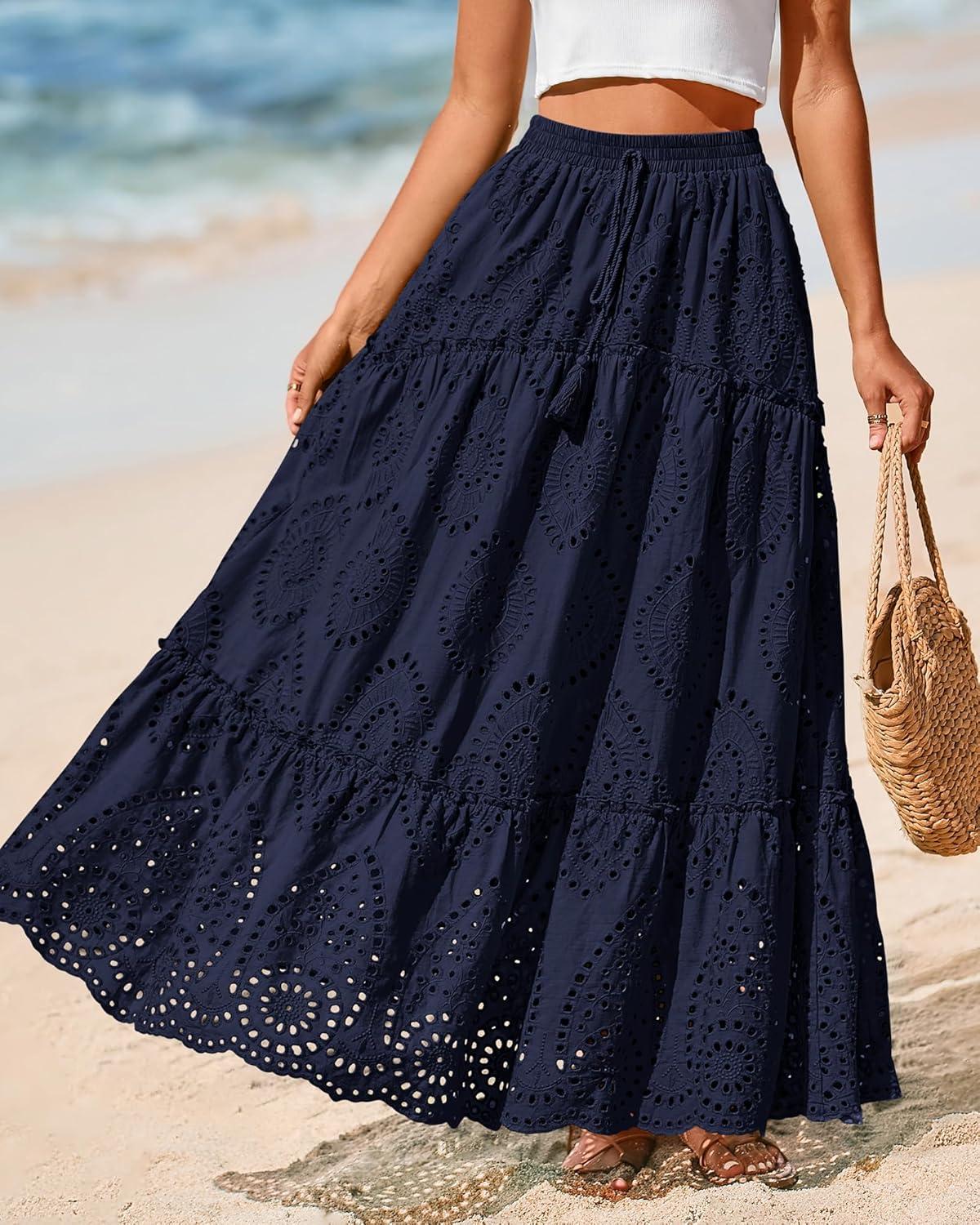 imageBTFBM Women Boho Casual Skirts Summer 2025 Lace Embroidery Eyelet Elastic Waist Flowy Tiered Beach Fall Maxi SkirtNavy