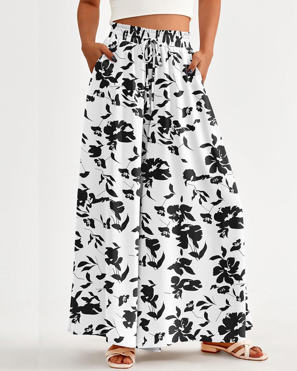 imageBTFBM Women Casual High Waist Wide Leg Pants 2025 Summer Fall Long Palazzo Pants Pocket Lounge Vacation Beach TrousersPrint Black