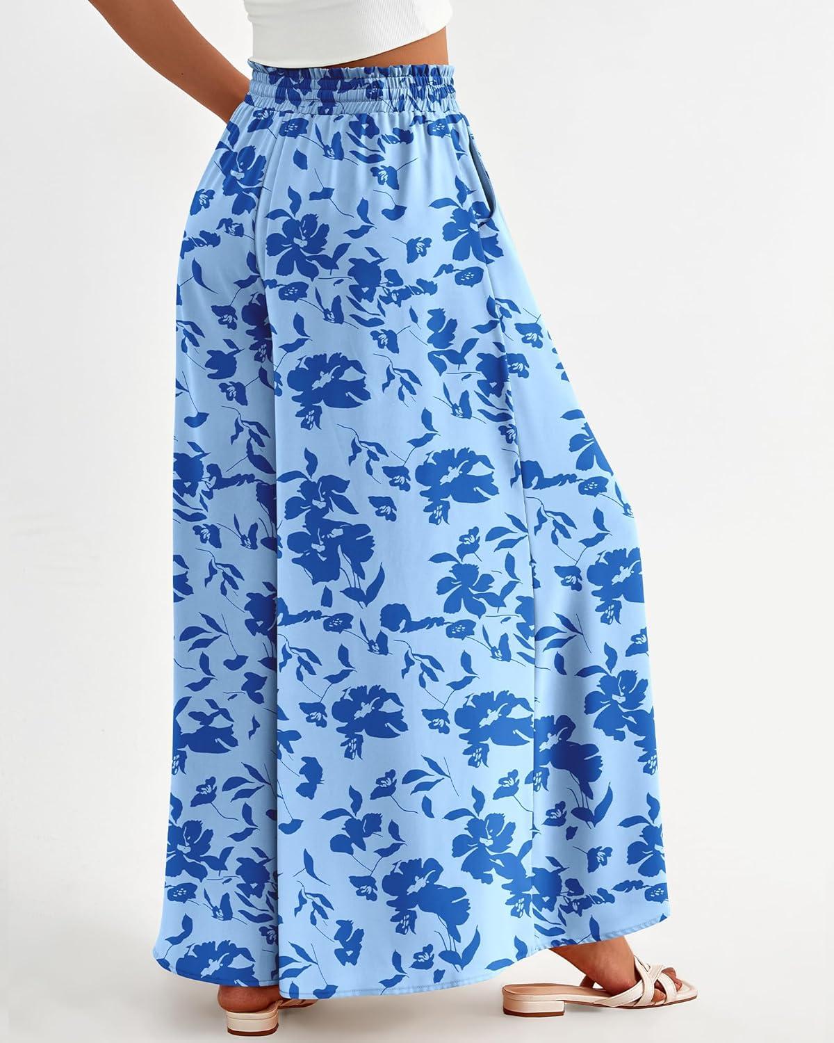 imageBTFBM Women Casual High Waist Wide Leg Pants 2025 Summer Fall Long Palazzo Pants Pocket Lounge Vacation Beach TrousersPrint Blue