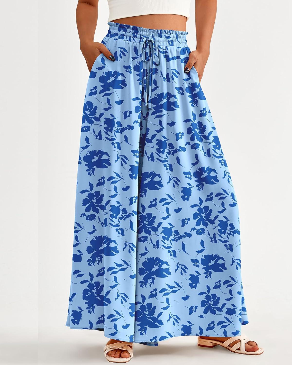 imageBTFBM Women Casual High Waist Wide Leg Pants 2025 Summer Fall Long Palazzo Pants Pocket Lounge Vacation Beach TrousersPrint Blue
