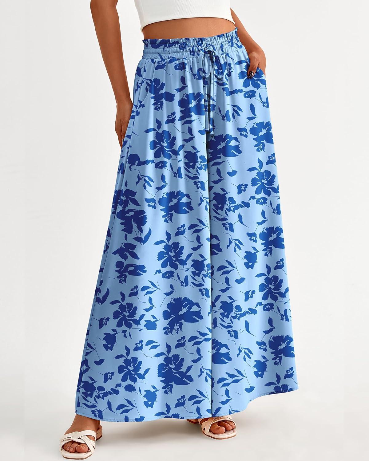 imageBTFBM Women Casual High Waist Wide Leg Pants 2025 Summer Fall Long Palazzo Pants Pocket Lounge Vacation Beach TrousersPrint Blue