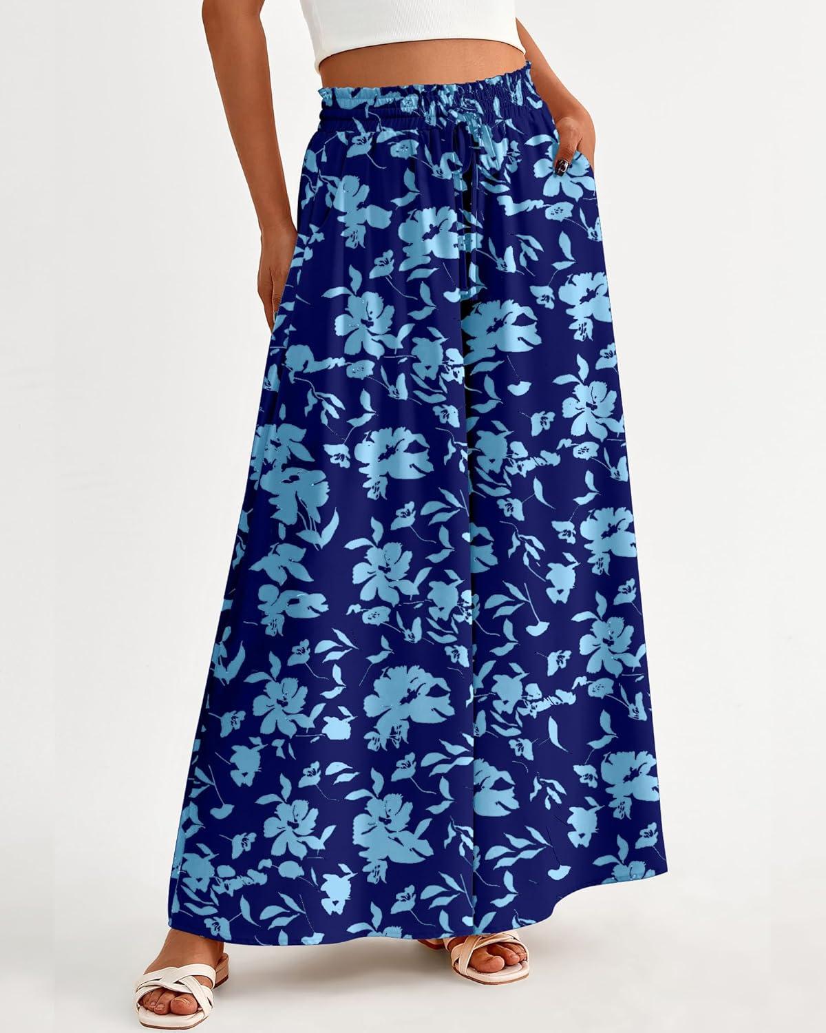 imageBTFBM Women Casual High Waist Wide Leg Pants 2025 Summer Fall Long Palazzo Pants Pocket Lounge Vacation Beach TrousersPrint Dark Blue