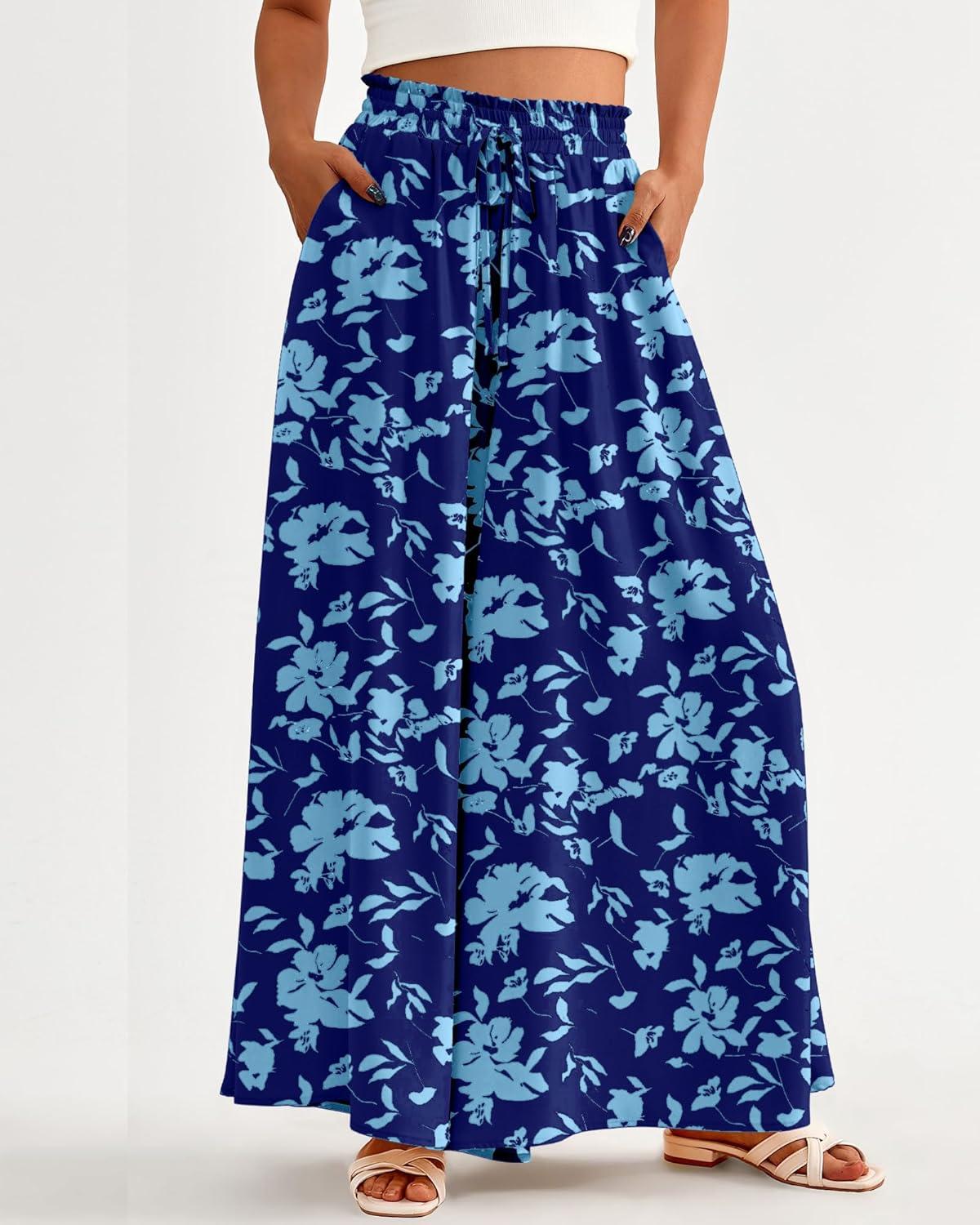 imageBTFBM Women Casual High Waist Wide Leg Pants 2025 Summer Fall Long Palazzo Pants Pocket Lounge Vacation Beach TrousersPrint Dark Blue