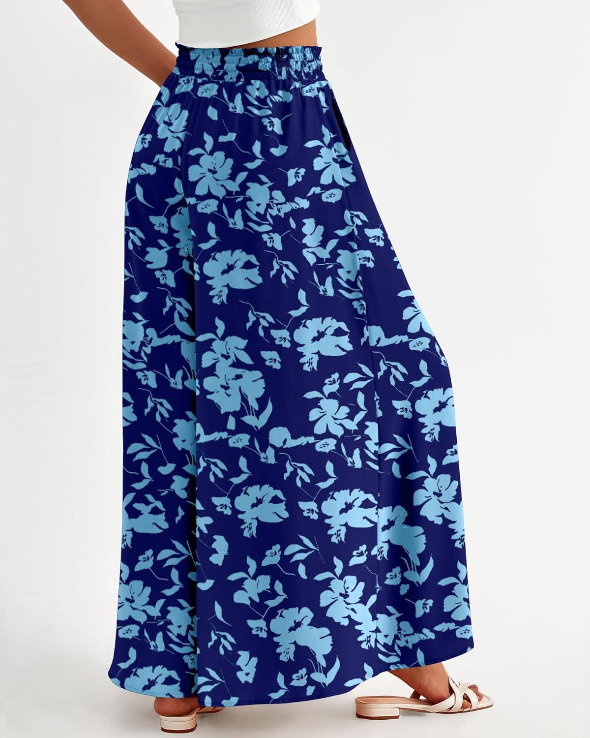 imageBTFBM Women Casual High Waist Wide Leg Pants 2025 Summer Fall Long Palazzo Pants Pocket Lounge Vacation Beach TrousersPrint Dark Blue