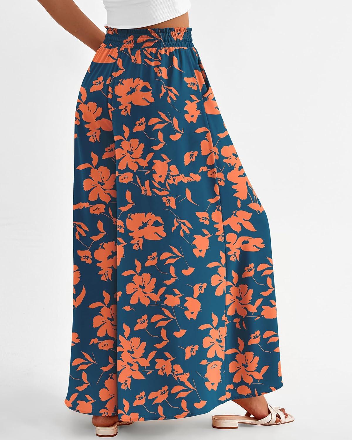 imageBTFBM Women Casual High Waist Wide Leg Pants 2025 Summer Fall Long Palazzo Pants Pocket Lounge Vacation Beach TrousersPrint Dark Blue Orange