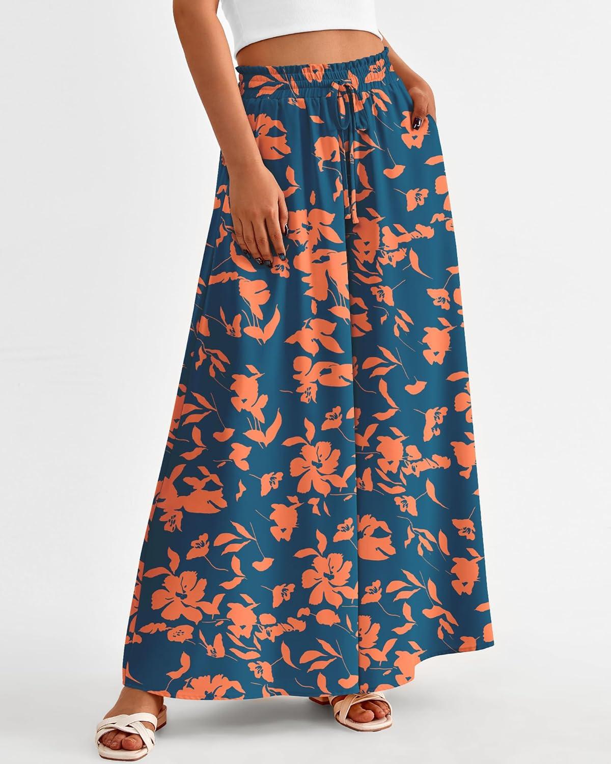 imageBTFBM Women Casual High Waist Wide Leg Pants 2025 Summer Fall Long Palazzo Pants Pocket Lounge Vacation Beach TrousersPrint Dark Blue Orange
