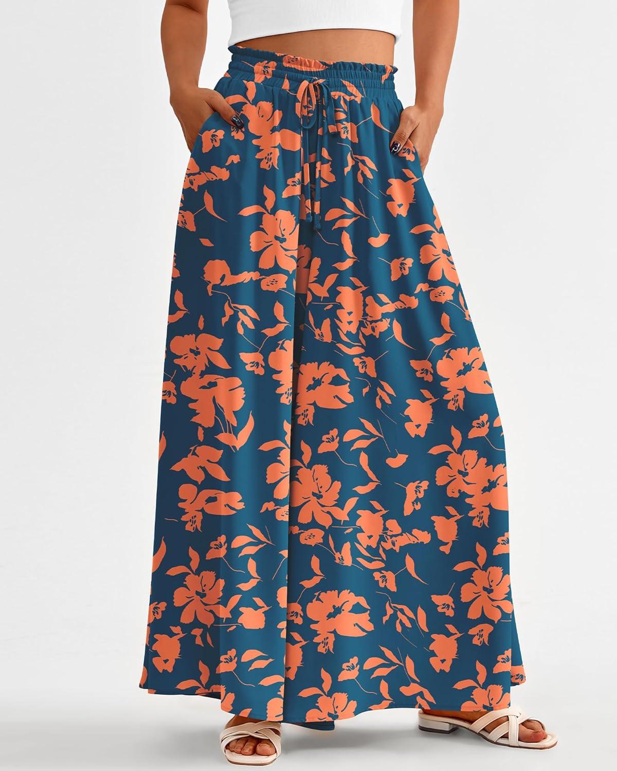 imageBTFBM Women Casual High Waist Wide Leg Pants 2025 Summer Fall Long Palazzo Pants Pocket Lounge Vacation Beach TrousersPrint Dark Blue Orange