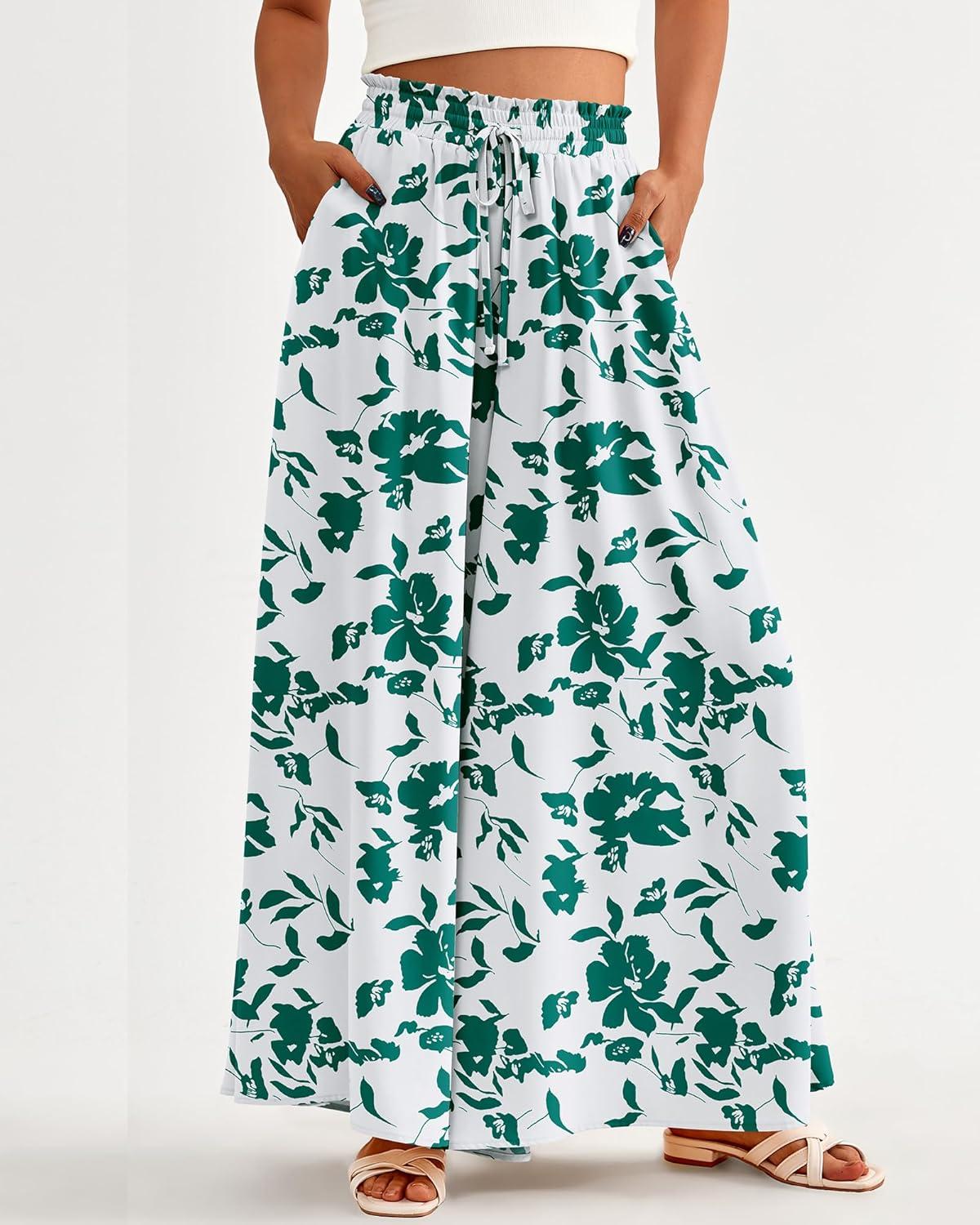 imageBTFBM Women Casual High Waist Wide Leg Pants 2025 Summer Fall Long Palazzo Pants Pocket Lounge Vacation Beach TrousersPrint Green