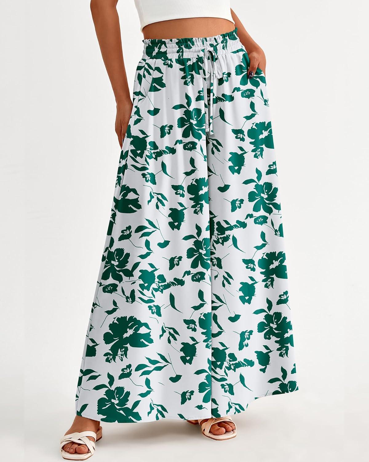 imageBTFBM Women Casual High Waist Wide Leg Pants 2025 Summer Fall Long Palazzo Pants Pocket Lounge Vacation Beach TrousersPrint Green
