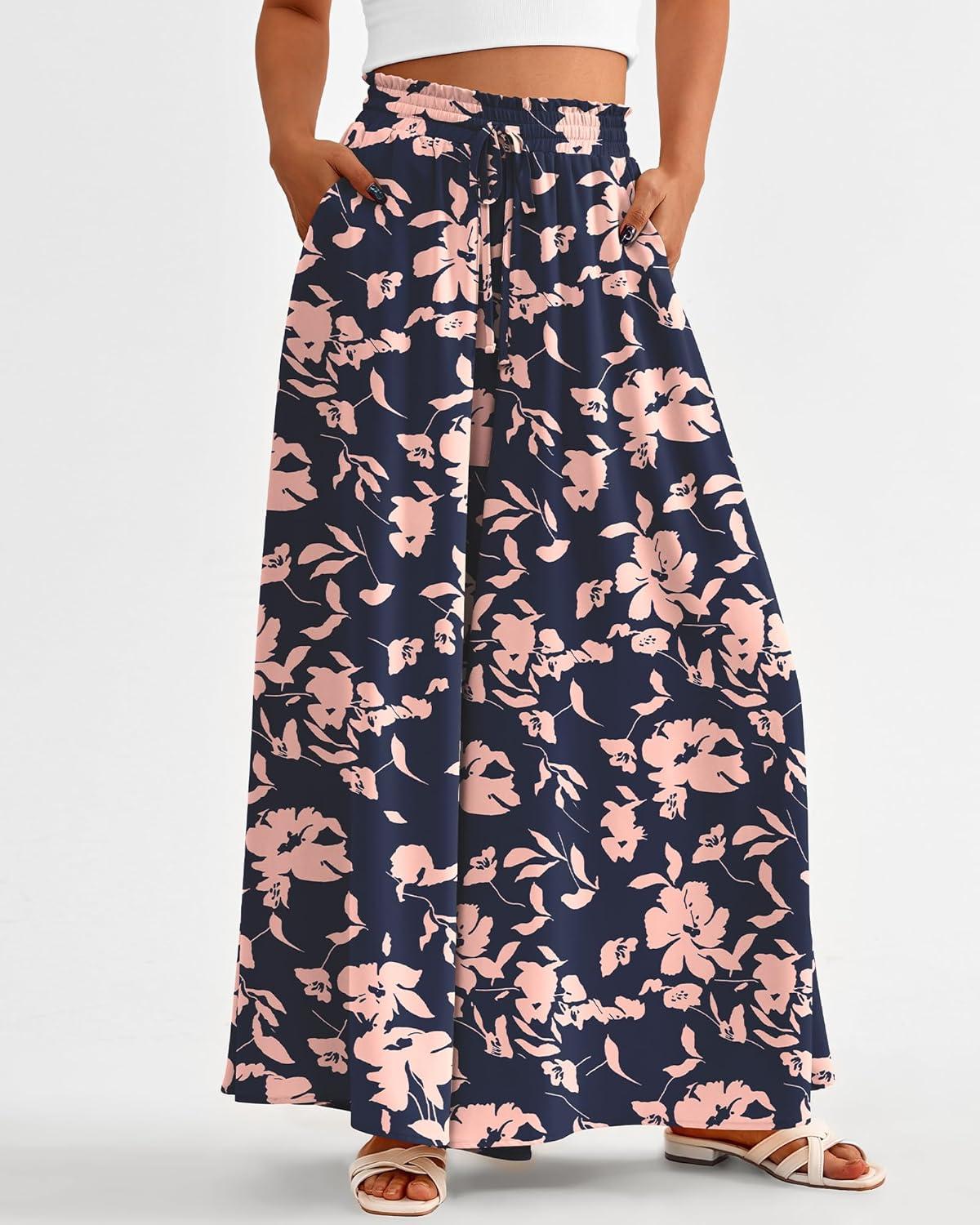 imageBTFBM Women Casual High Waist Wide Leg Pants 2025 Summer Fall Long Palazzo Pants Pocket Lounge Vacation Beach TrousersPrint Navy Pink