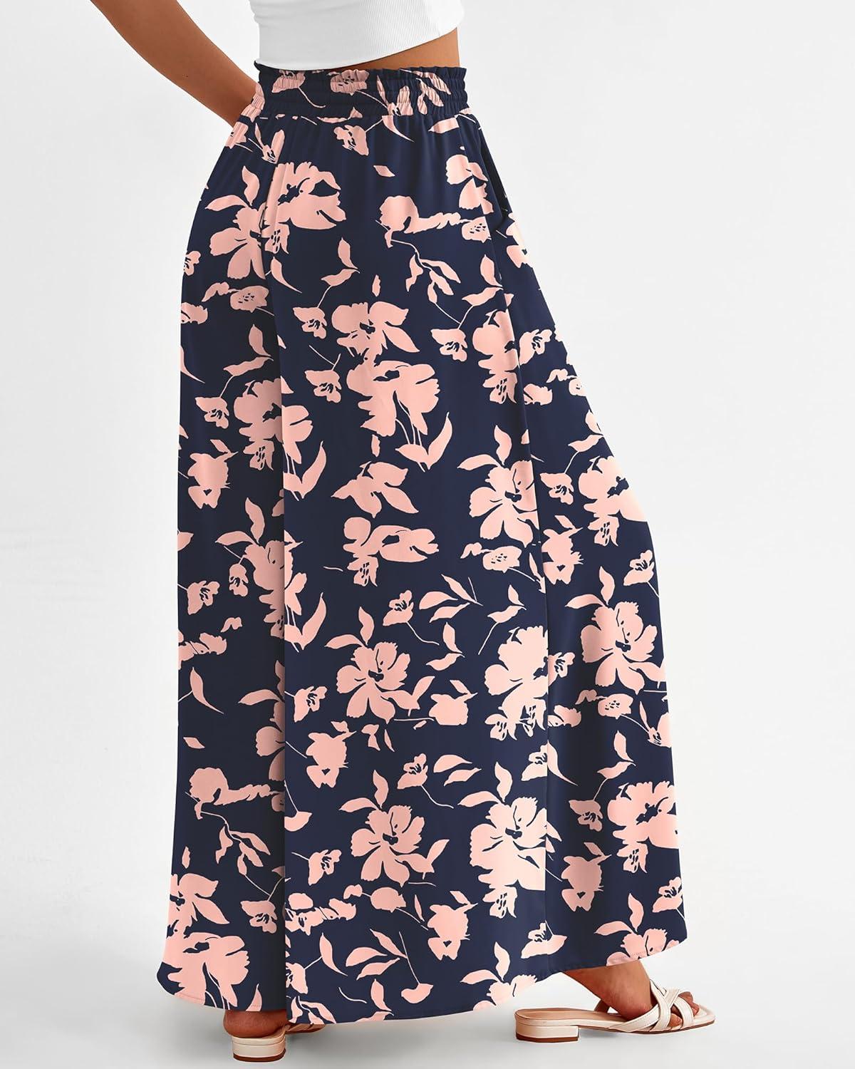 imageBTFBM Women Casual High Waist Wide Leg Pants 2025 Summer Fall Long Palazzo Pants Pocket Lounge Vacation Beach TrousersPrint Navy Pink