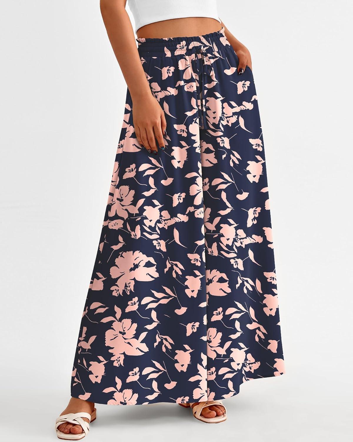imageBTFBM Women Casual High Waist Wide Leg Pants 2025 Summer Fall Long Palazzo Pants Pocket Lounge Vacation Beach TrousersPrint Navy Pink