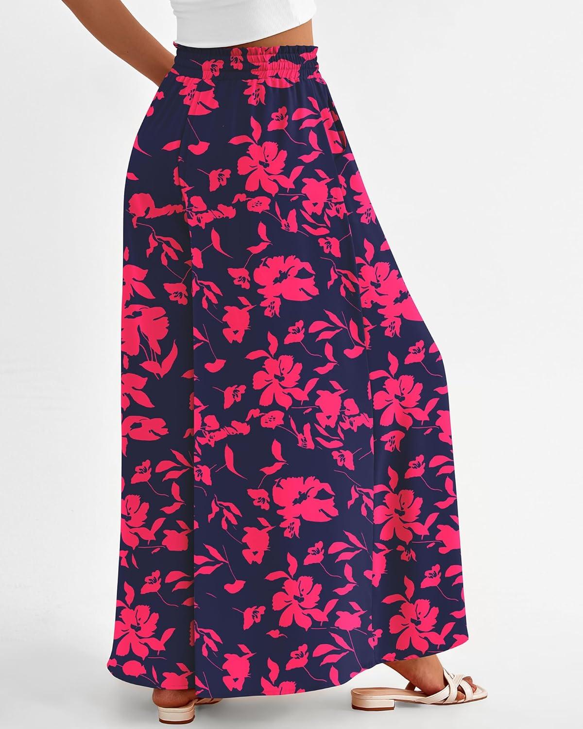 imageBTFBM Women Casual High Waist Wide Leg Pants 2025 Summer Fall Long Palazzo Pants Pocket Lounge Vacation Beach TrousersPrint Navy Rose Red