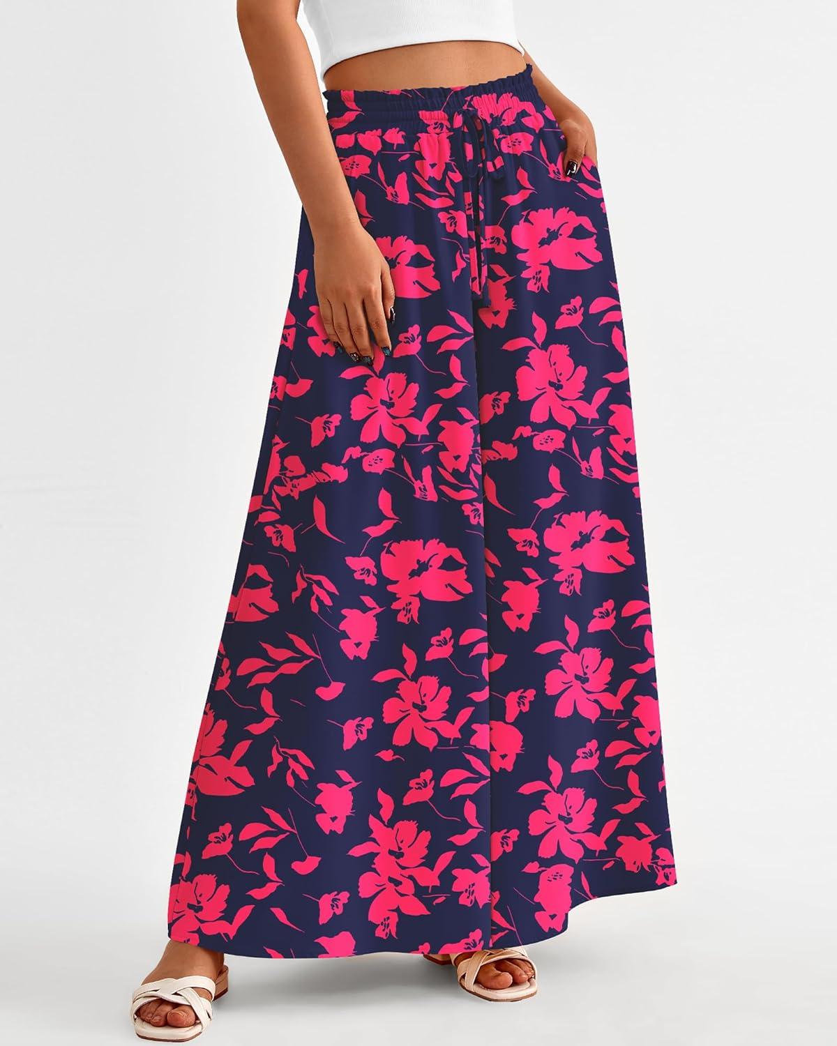 imageBTFBM Women Casual High Waist Wide Leg Pants 2025 Summer Fall Long Palazzo Pants Pocket Lounge Vacation Beach TrousersPrint Navy Rose Red