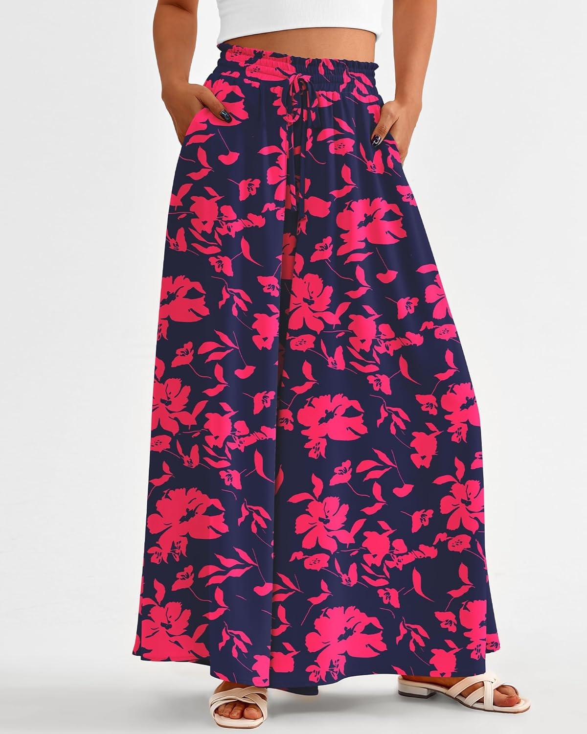 imageBTFBM Women Casual High Waist Wide Leg Pants 2025 Summer Fall Long Palazzo Pants Pocket Lounge Vacation Beach TrousersPrint Navy Rose Red