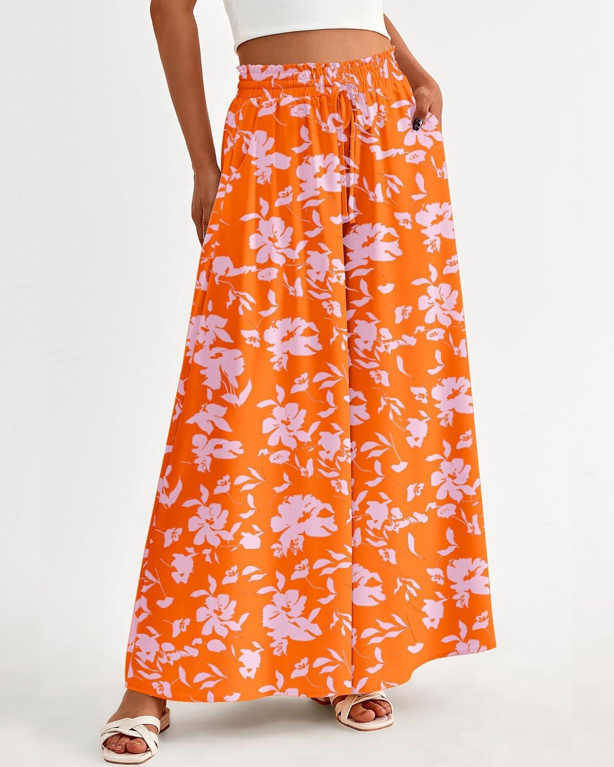imageBTFBM Women Casual High Waist Wide Leg Pants 2025 Summer Fall Long Palazzo Pants Pocket Lounge Vacation Beach TrousersPrint Orange