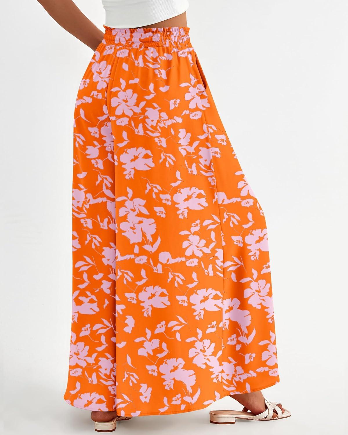 imageBTFBM Women Casual High Waist Wide Leg Pants 2025 Summer Fall Long Palazzo Pants Pocket Lounge Vacation Beach TrousersPrint Orange