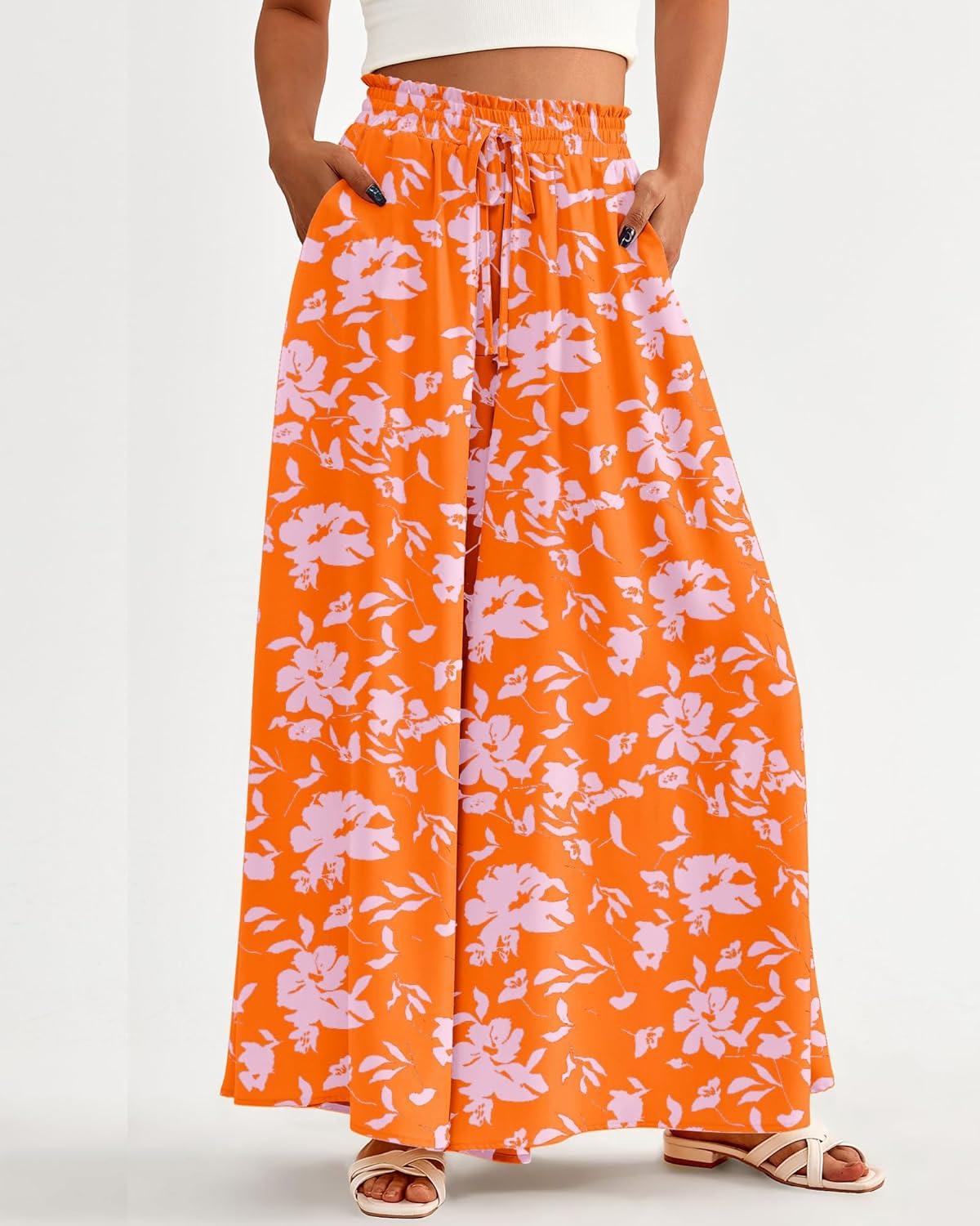 imageBTFBM Women Casual High Waist Wide Leg Pants 2025 Summer Fall Long Palazzo Pants Pocket Lounge Vacation Beach TrousersPrint Orange