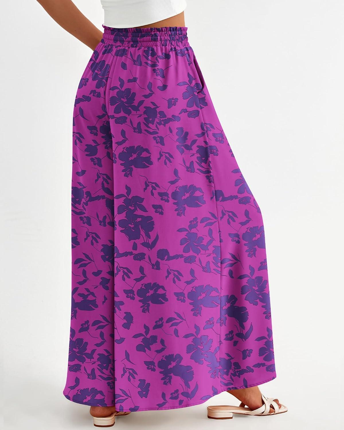 imageBTFBM Women Casual High Waist Wide Leg Pants 2025 Summer Fall Long Palazzo Pants Pocket Lounge Vacation Beach TrousersPrint Purple
