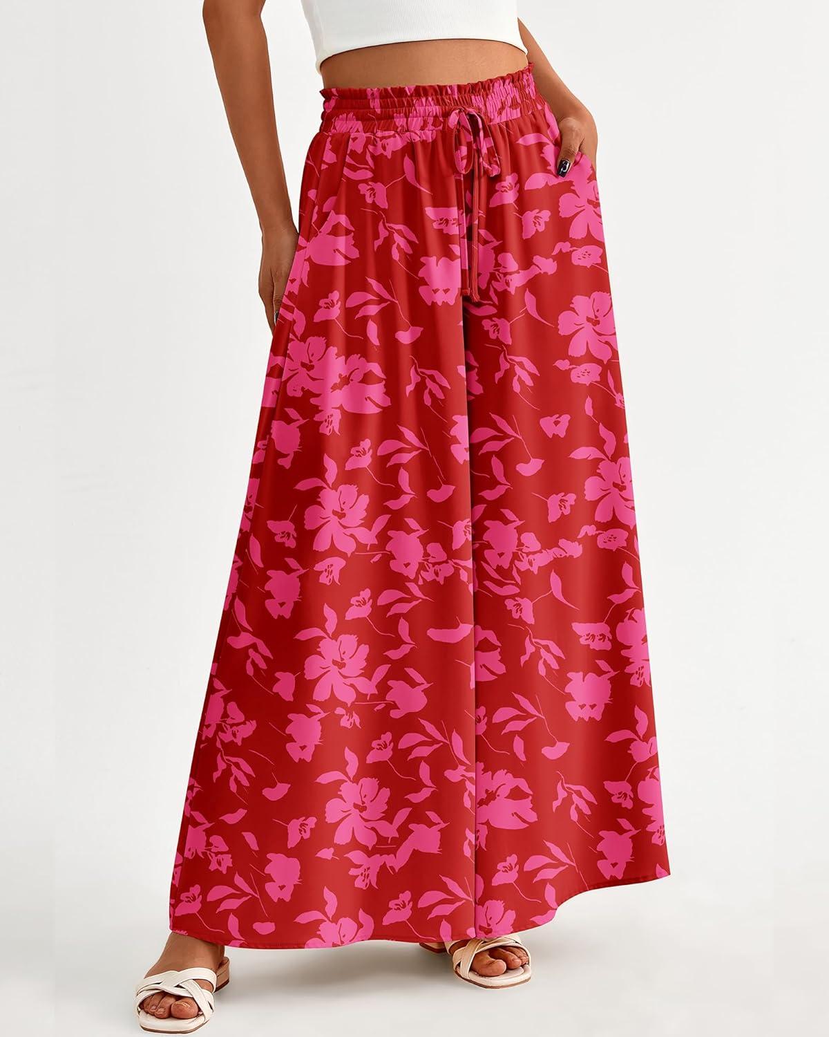 imageBTFBM Women Casual High Waist Wide Leg Pants 2025 Summer Fall Long Palazzo Pants Pocket Lounge Vacation Beach TrousersPrint Red