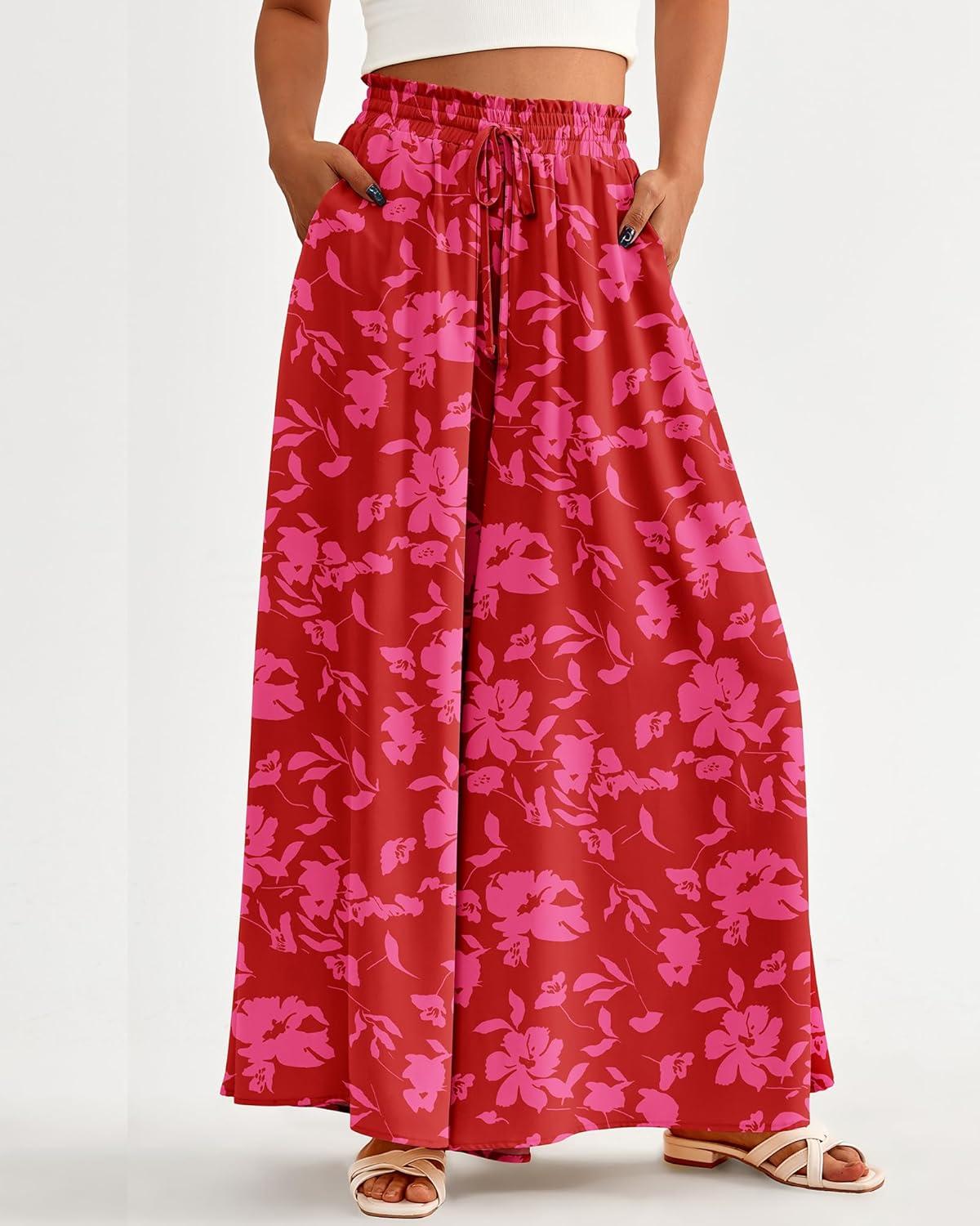 imageBTFBM Women Casual High Waist Wide Leg Pants 2025 Summer Fall Long Palazzo Pants Pocket Lounge Vacation Beach TrousersPrint Red