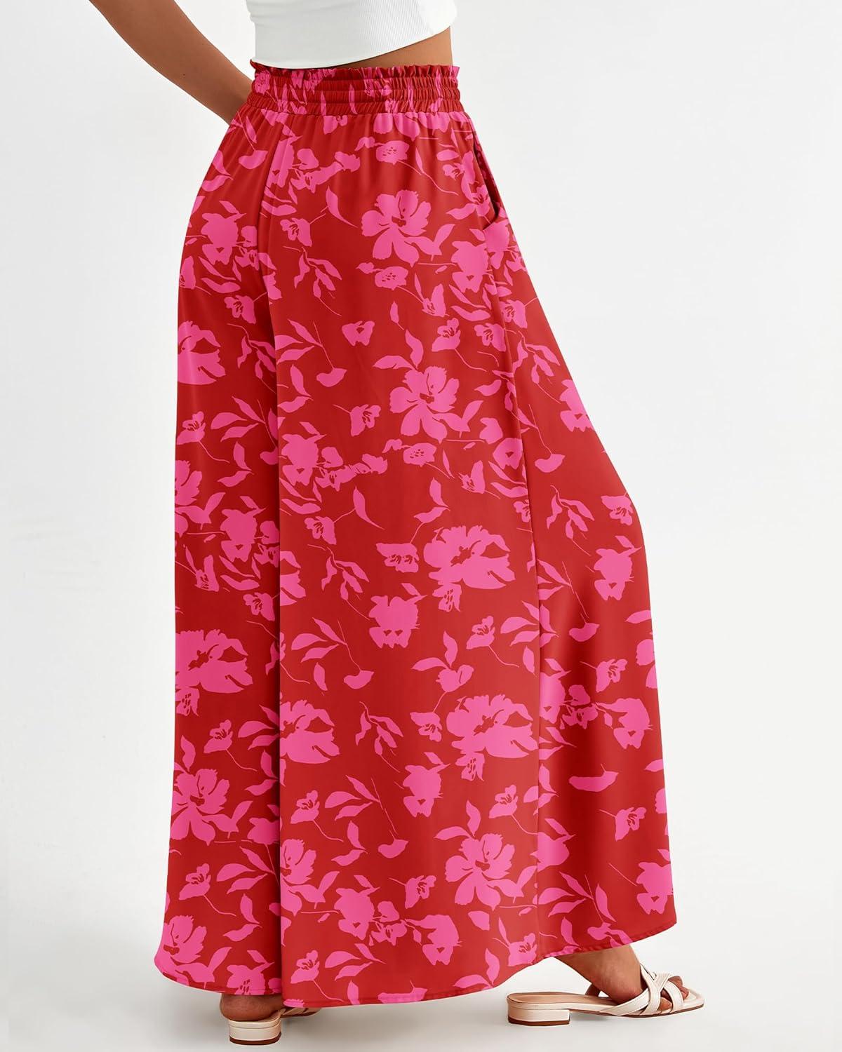 imageBTFBM Women Casual High Waist Wide Leg Pants 2025 Summer Fall Long Palazzo Pants Pocket Lounge Vacation Beach TrousersPrint Red