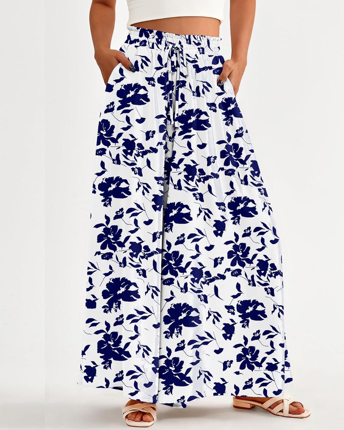 imageBTFBM Women Casual High Waist Wide Leg Pants 2025 Summer Fall Long Palazzo Pants Pocket Lounge Vacation Beach TrousersPrint White Blue