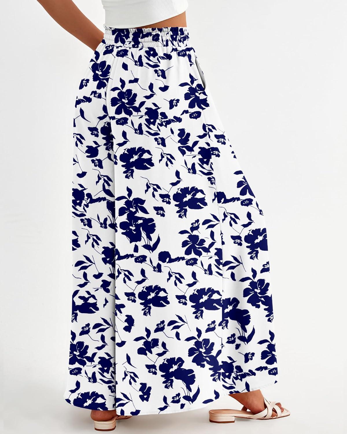 imageBTFBM Women Casual High Waist Wide Leg Pants 2025 Summer Fall Long Palazzo Pants Pocket Lounge Vacation Beach TrousersPrint White Blue