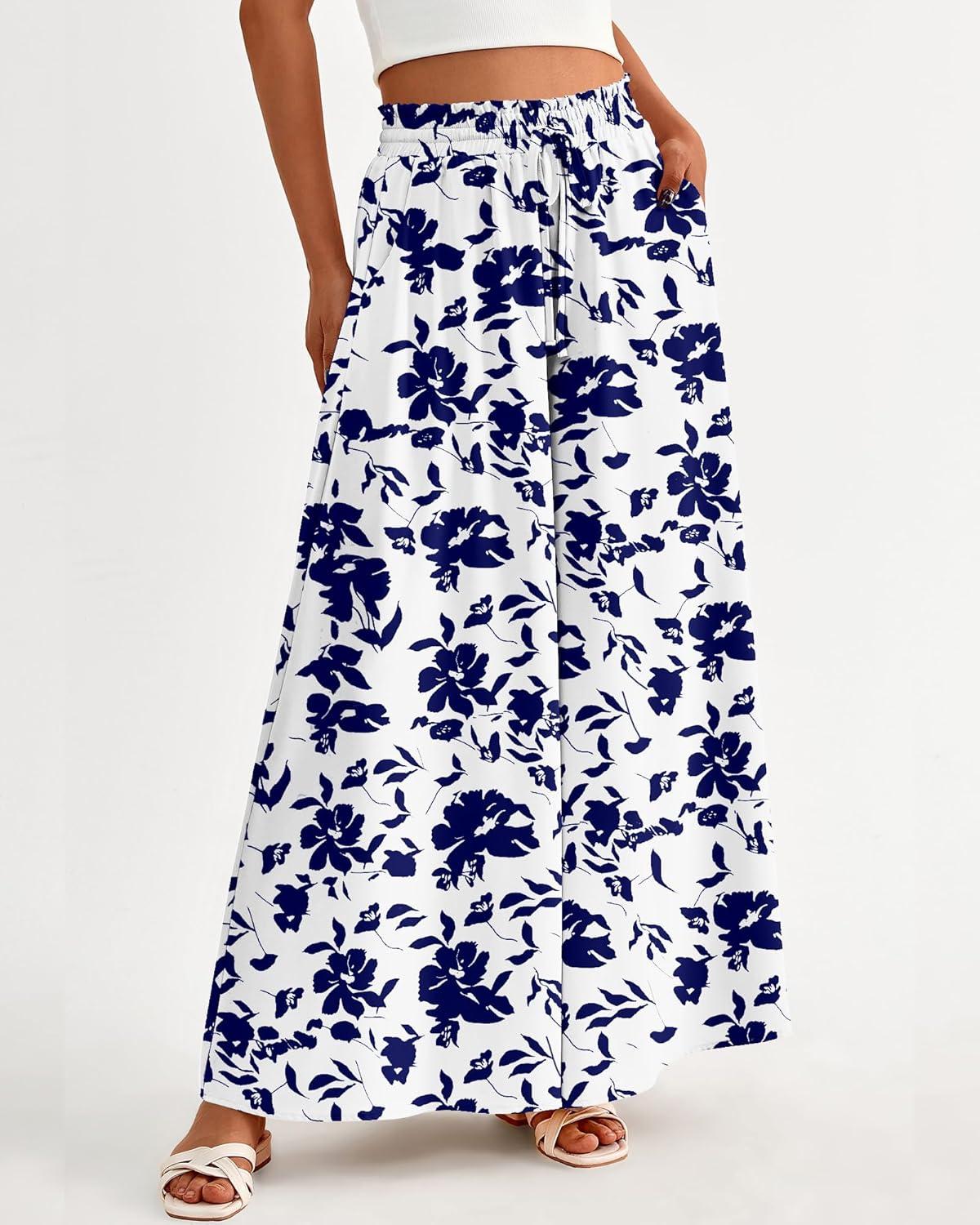 imageBTFBM Women Casual High Waist Wide Leg Pants 2025 Summer Fall Long Palazzo Pants Pocket Lounge Vacation Beach TrousersPrint White Blue