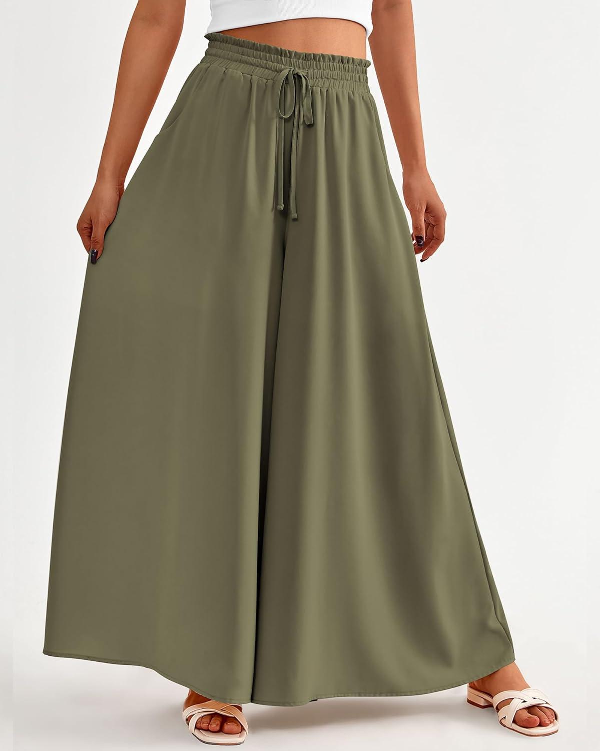 imageBTFBM Women Casual High Waist Wide Leg Pants 2025 Summer Fall Long Palazzo Pants Pocket Lounge Vacation Beach TrousersSolid Army Green