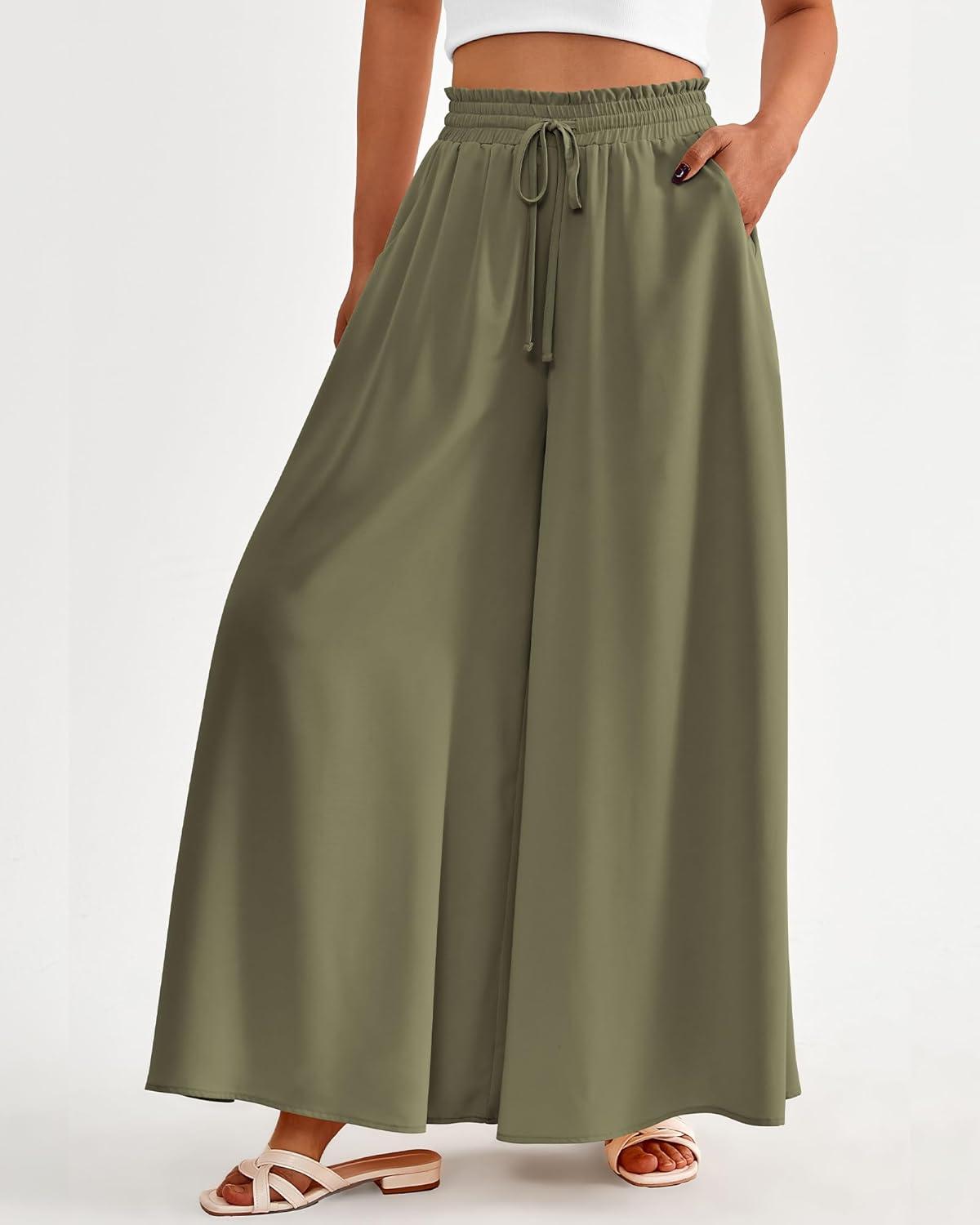 imageBTFBM Women Casual High Waist Wide Leg Pants 2025 Summer Fall Long Palazzo Pants Pocket Lounge Vacation Beach TrousersSolid Army Green