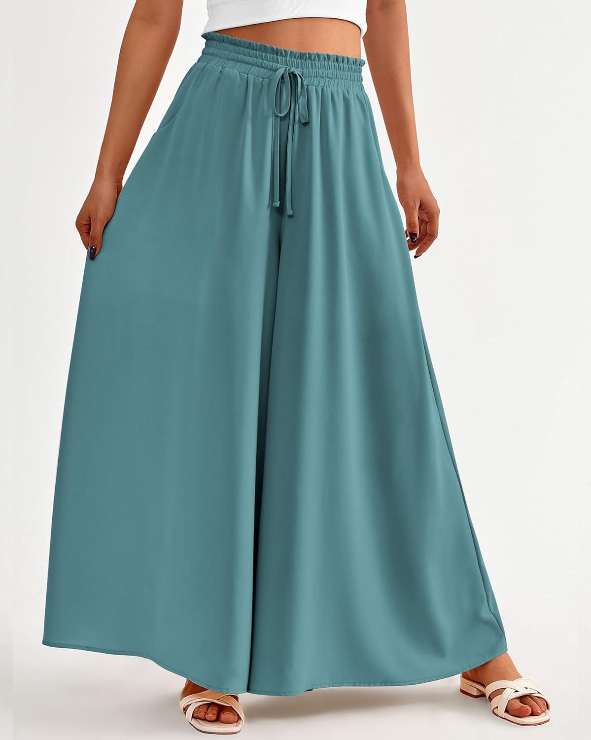 imageBTFBM Women Casual High Waist Wide Leg Pants 2025 Summer Fall Long Palazzo Pants Pocket Lounge Vacation Beach TrousersSolid Blue Green