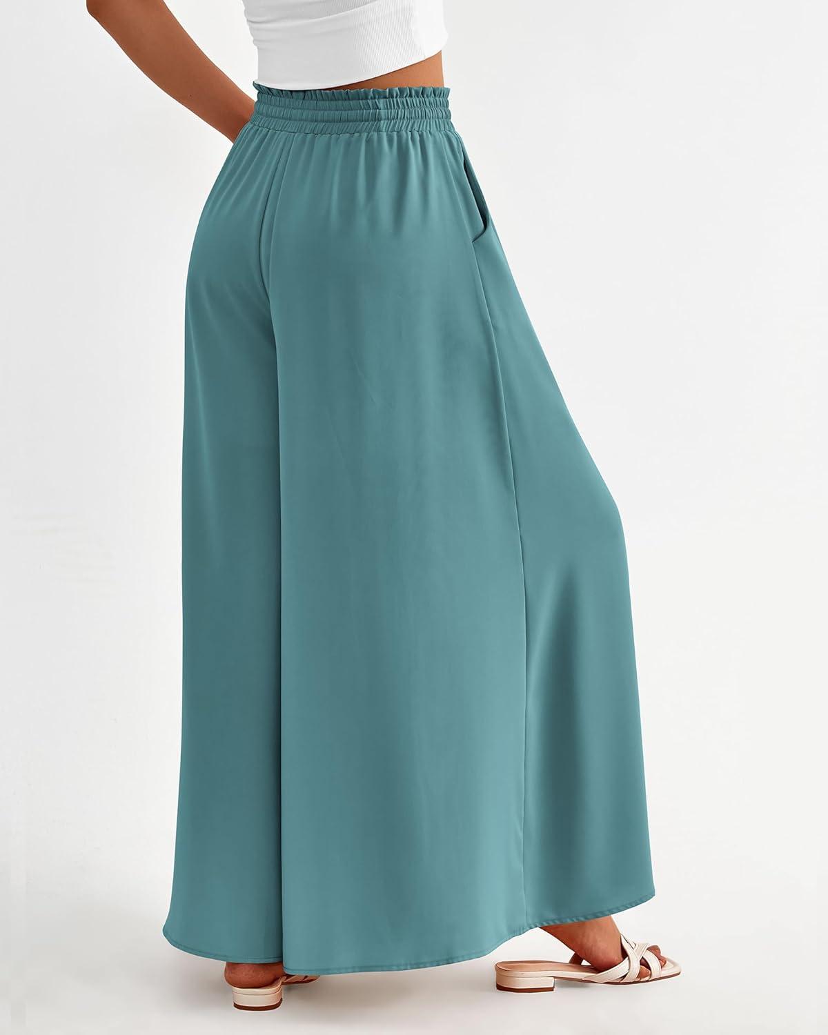 imageBTFBM Women Casual High Waist Wide Leg Pants 2025 Summer Fall Long Palazzo Pants Pocket Lounge Vacation Beach TrousersSolid Blue Green