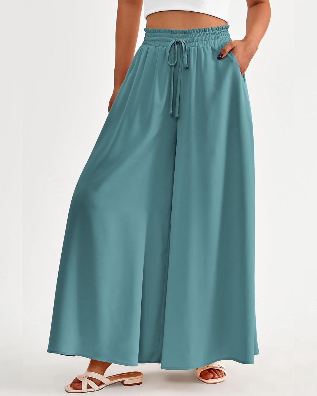 imageBTFBM Women Casual High Waist Wide Leg Pants 2025 Summer Fall Long Palazzo Pants Pocket Lounge Vacation Beach TrousersSolid Blue Green