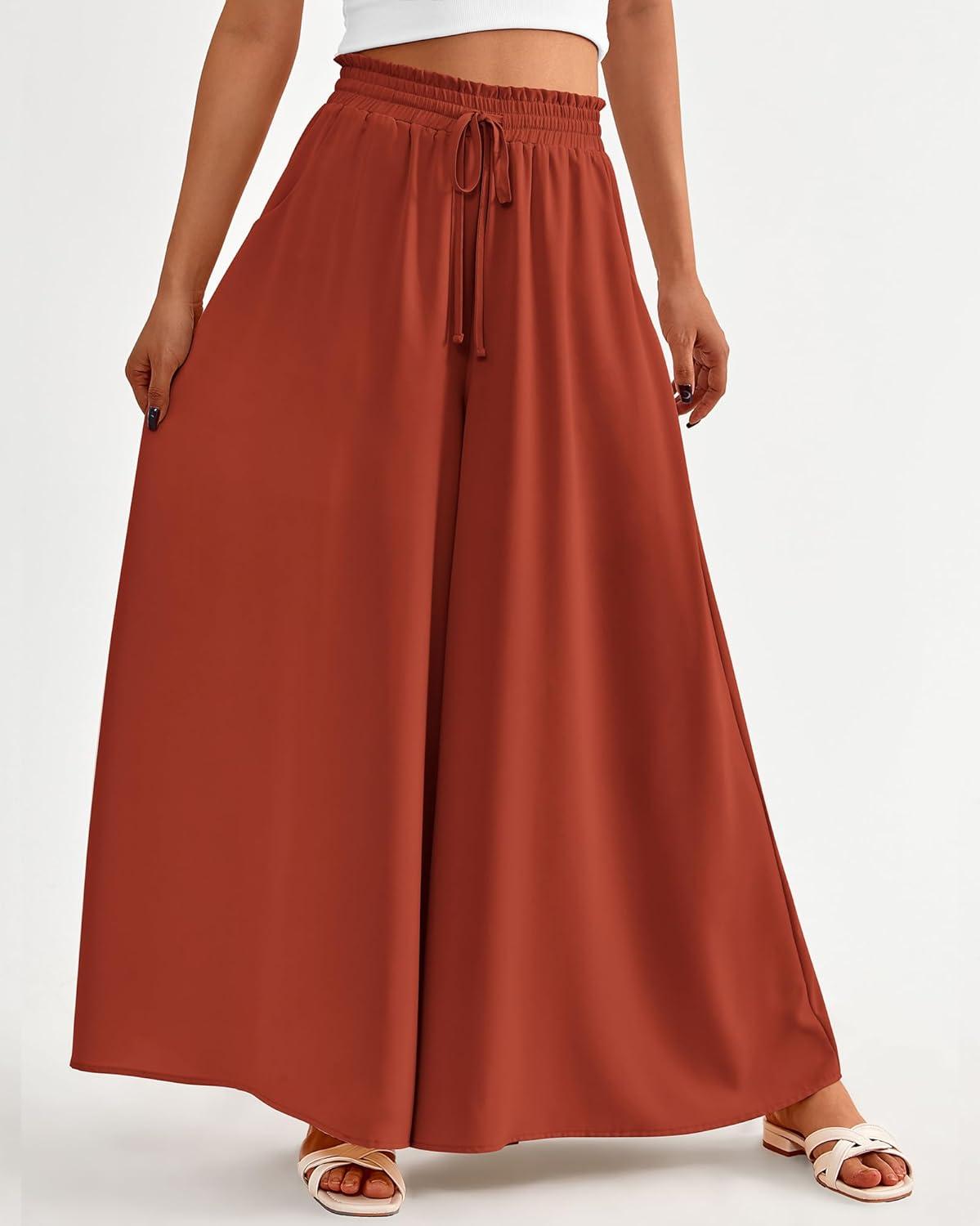 imageBTFBM Women Casual High Waist Wide Leg Pants 2025 Summer Fall Long Palazzo Pants Pocket Lounge Vacation Beach TrousersSolid Brick Red