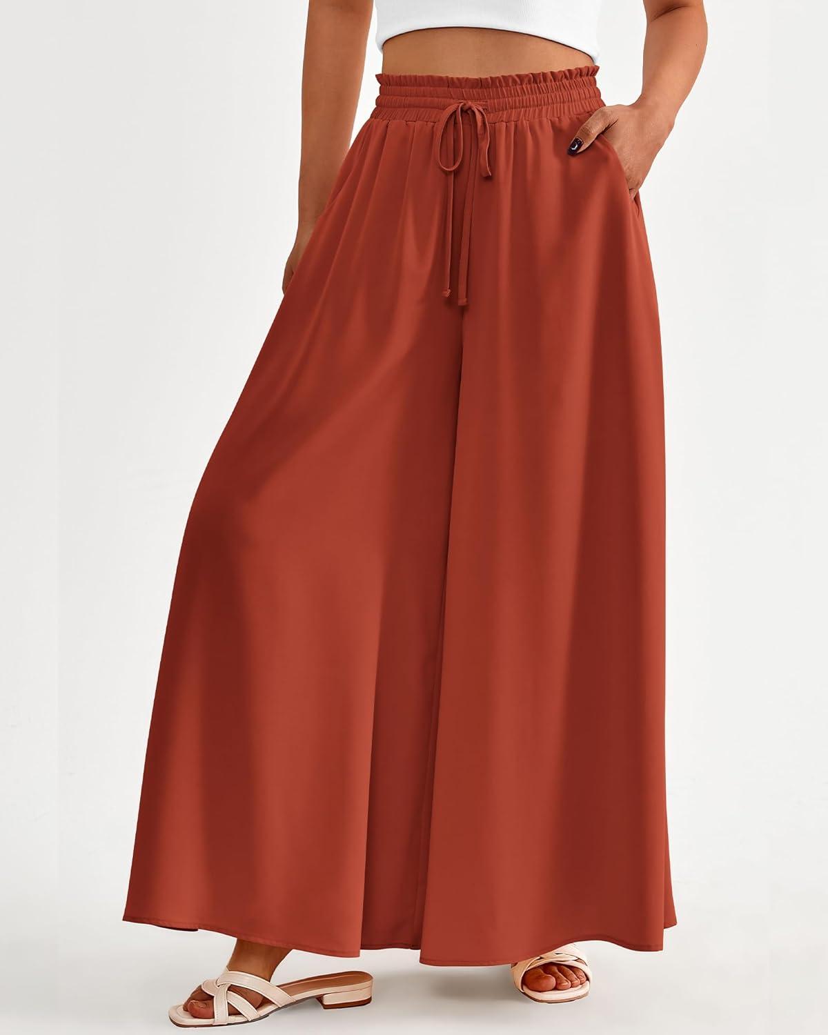imageBTFBM Women Casual High Waist Wide Leg Pants 2025 Summer Fall Long Palazzo Pants Pocket Lounge Vacation Beach TrousersSolid Brick Red