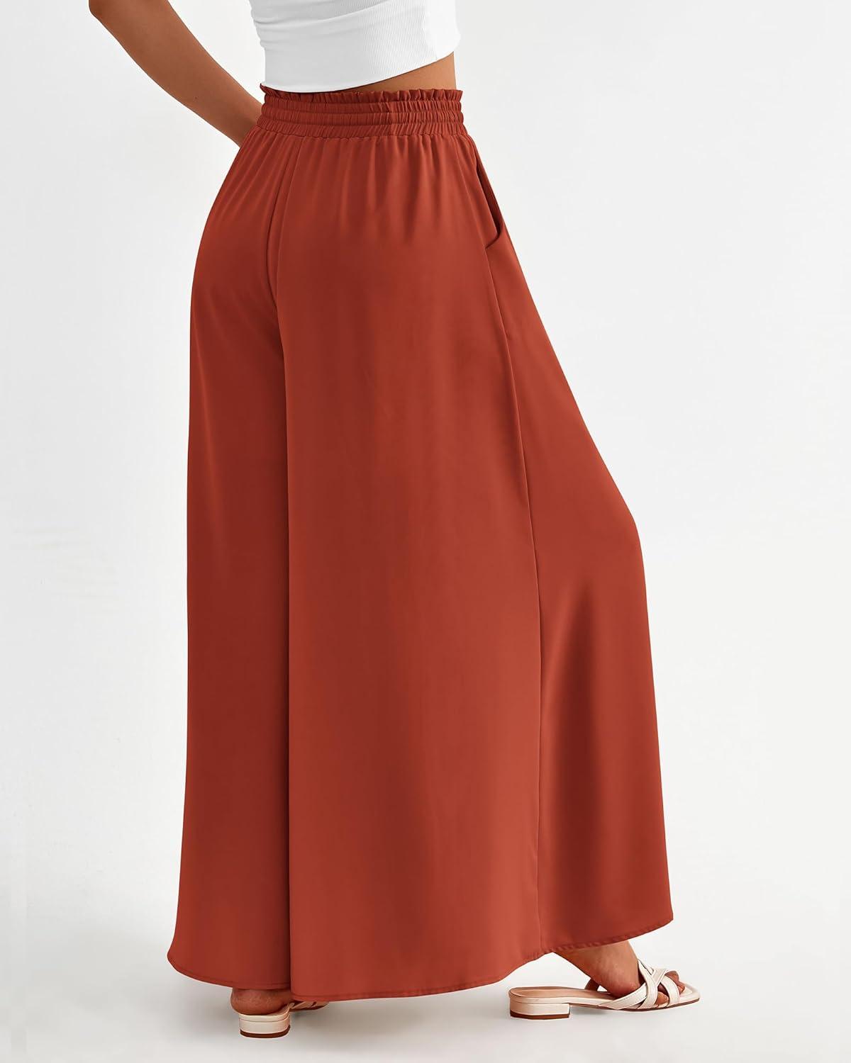 imageBTFBM Women Casual High Waist Wide Leg Pants 2025 Summer Fall Long Palazzo Pants Pocket Lounge Vacation Beach TrousersSolid Brick Red