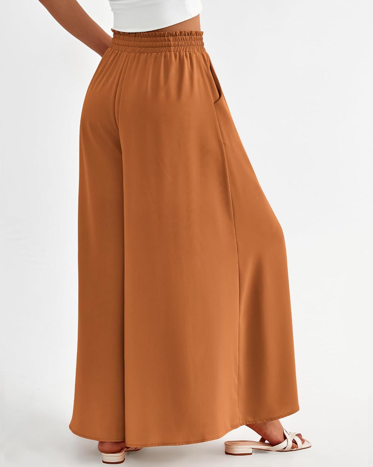 imageBTFBM Women Casual High Waist Wide Leg Pants 2025 Summer Fall Long Palazzo Pants Pocket Lounge Vacation Beach TrousersSolid Brown