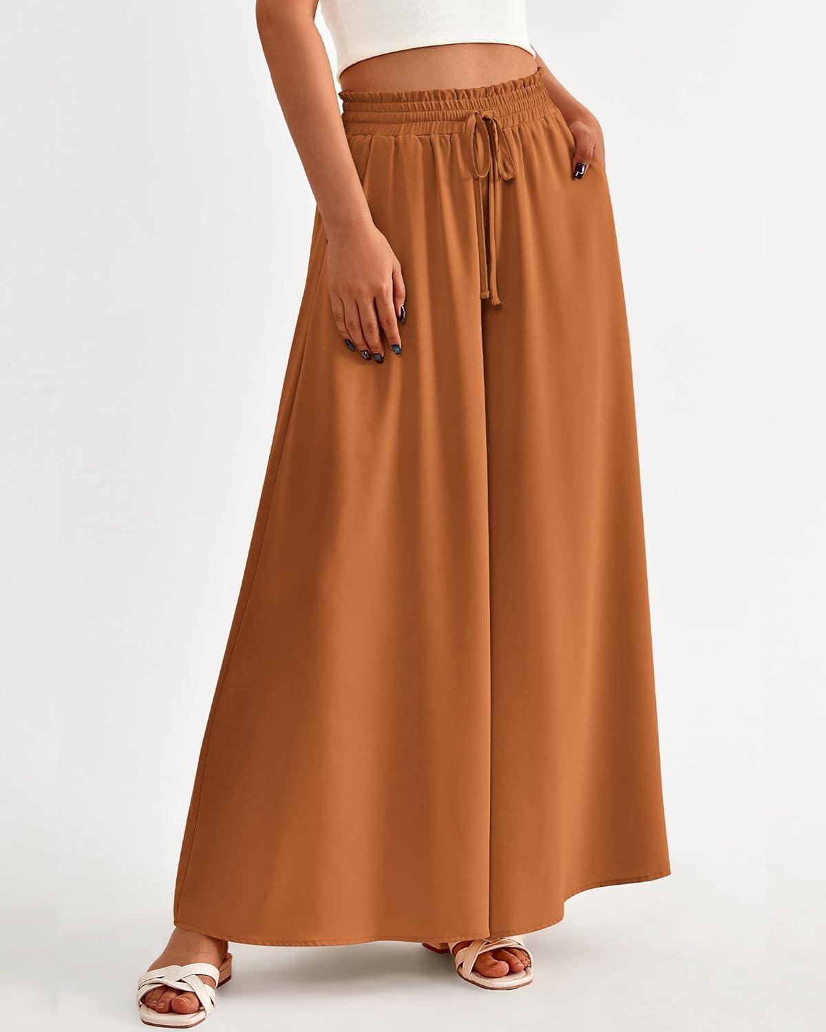 imageBTFBM Women Casual High Waist Wide Leg Pants 2025 Summer Fall Long Palazzo Pants Pocket Lounge Vacation Beach TrousersSolid Brown