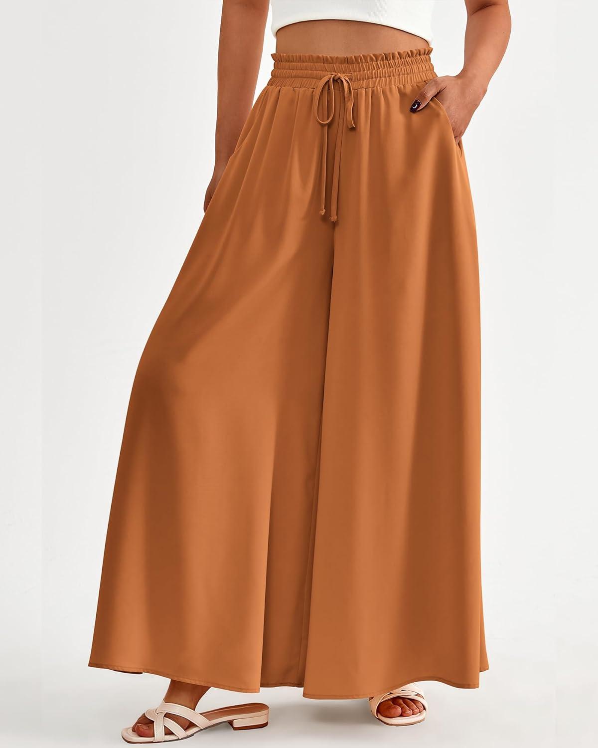 imageBTFBM Women Casual High Waist Wide Leg Pants 2025 Summer Fall Long Palazzo Pants Pocket Lounge Vacation Beach TrousersSolid Brown