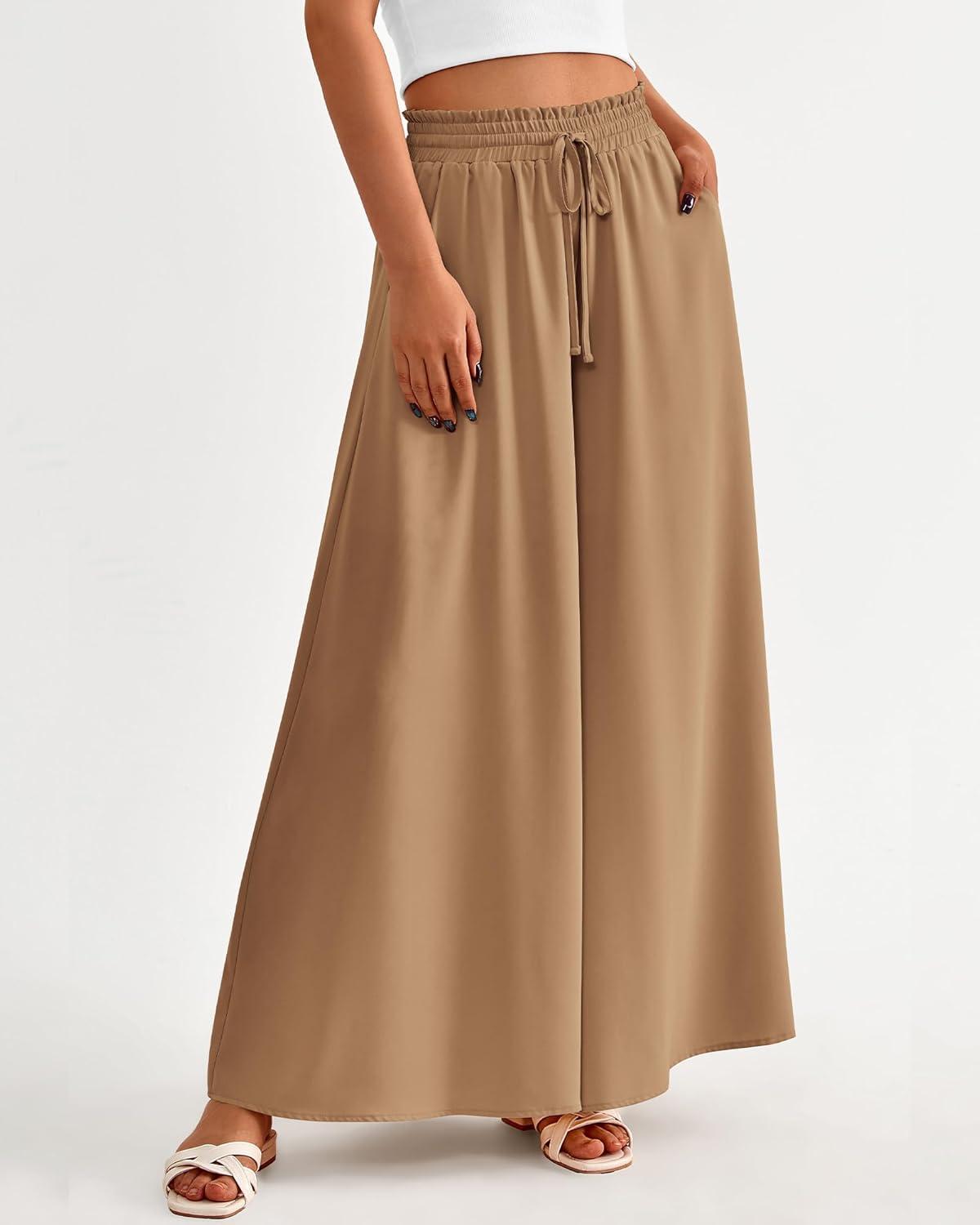 imageBTFBM Women Casual High Waist Wide Leg Pants 2025 Summer Fall Long Palazzo Pants Pocket Lounge Vacation Beach TrousersSolid Khaki