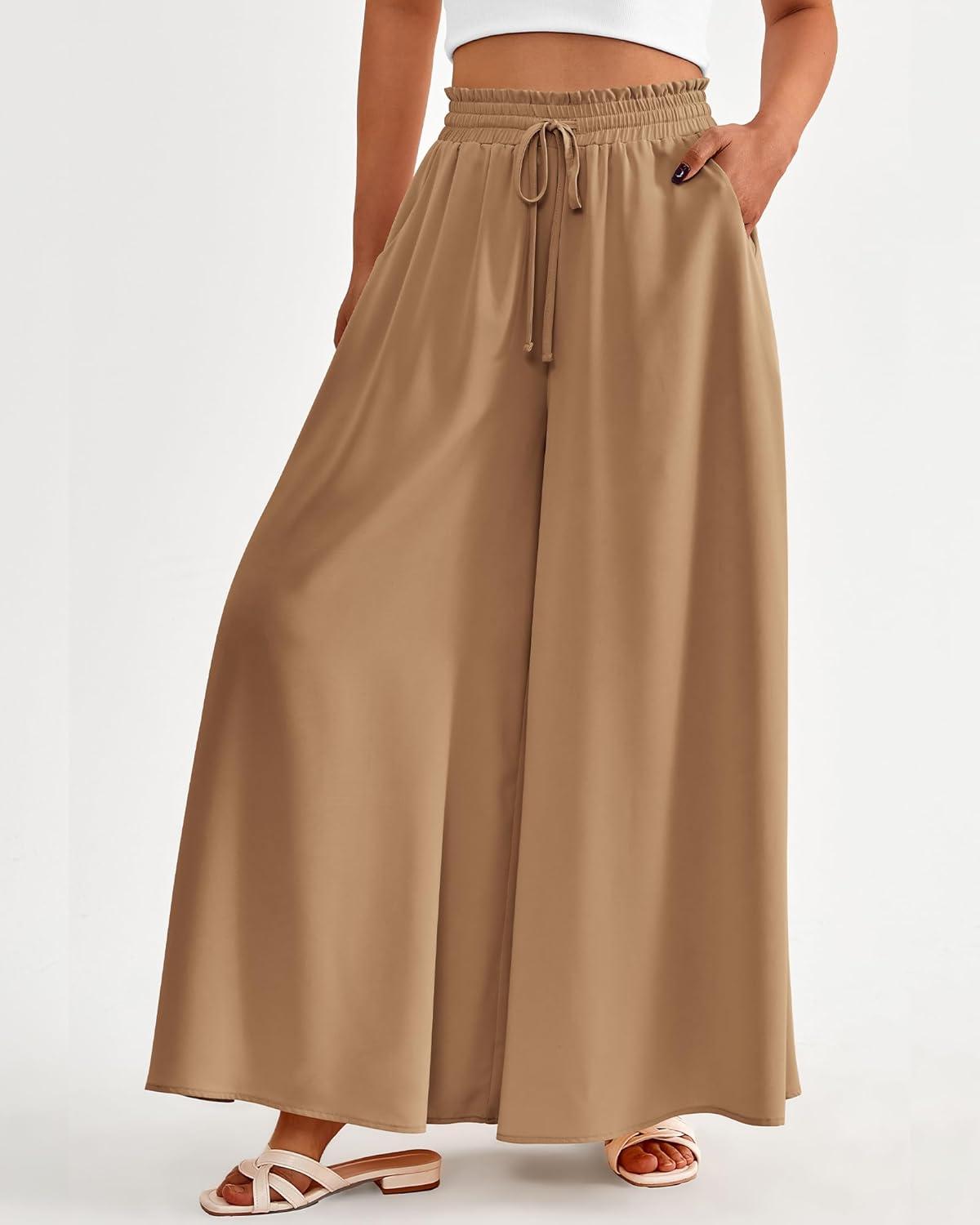 imageBTFBM Women Casual High Waist Wide Leg Pants 2025 Summer Fall Long Palazzo Pants Pocket Lounge Vacation Beach TrousersSolid Khaki