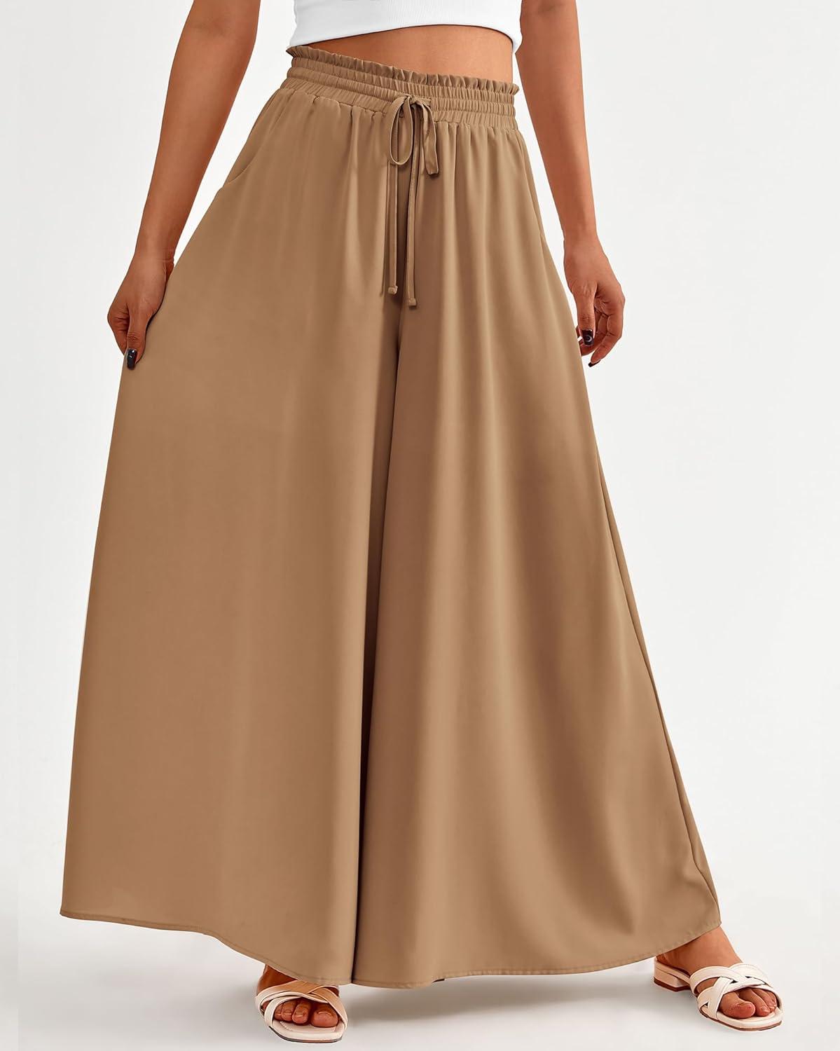 imageBTFBM Women Casual High Waist Wide Leg Pants 2025 Summer Fall Long Palazzo Pants Pocket Lounge Vacation Beach TrousersSolid Khaki