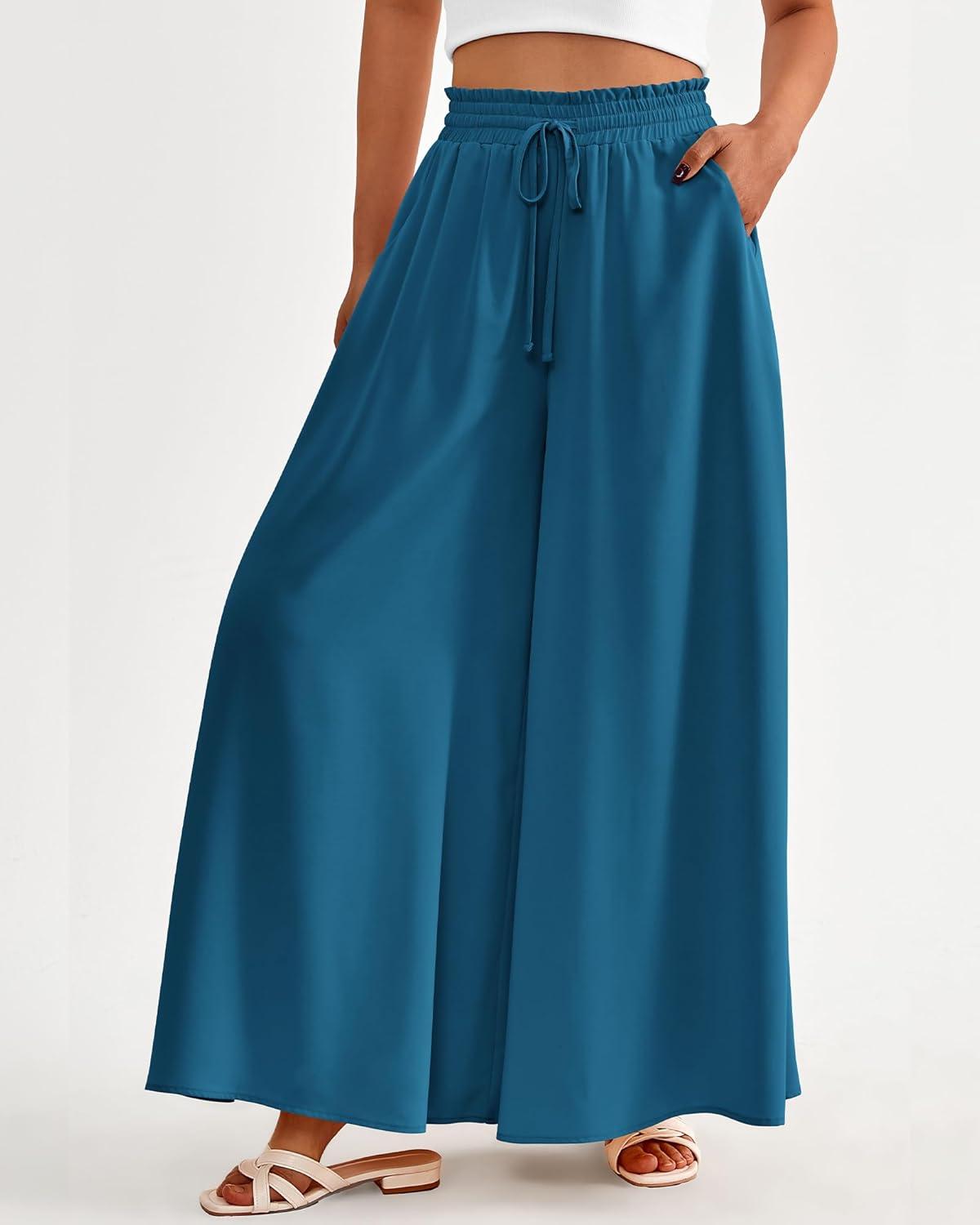 imageBTFBM Women Casual High Waist Wide Leg Pants 2025 Summer Fall Long Palazzo Pants Pocket Lounge Vacation Beach TrousersSolid Lake Blue