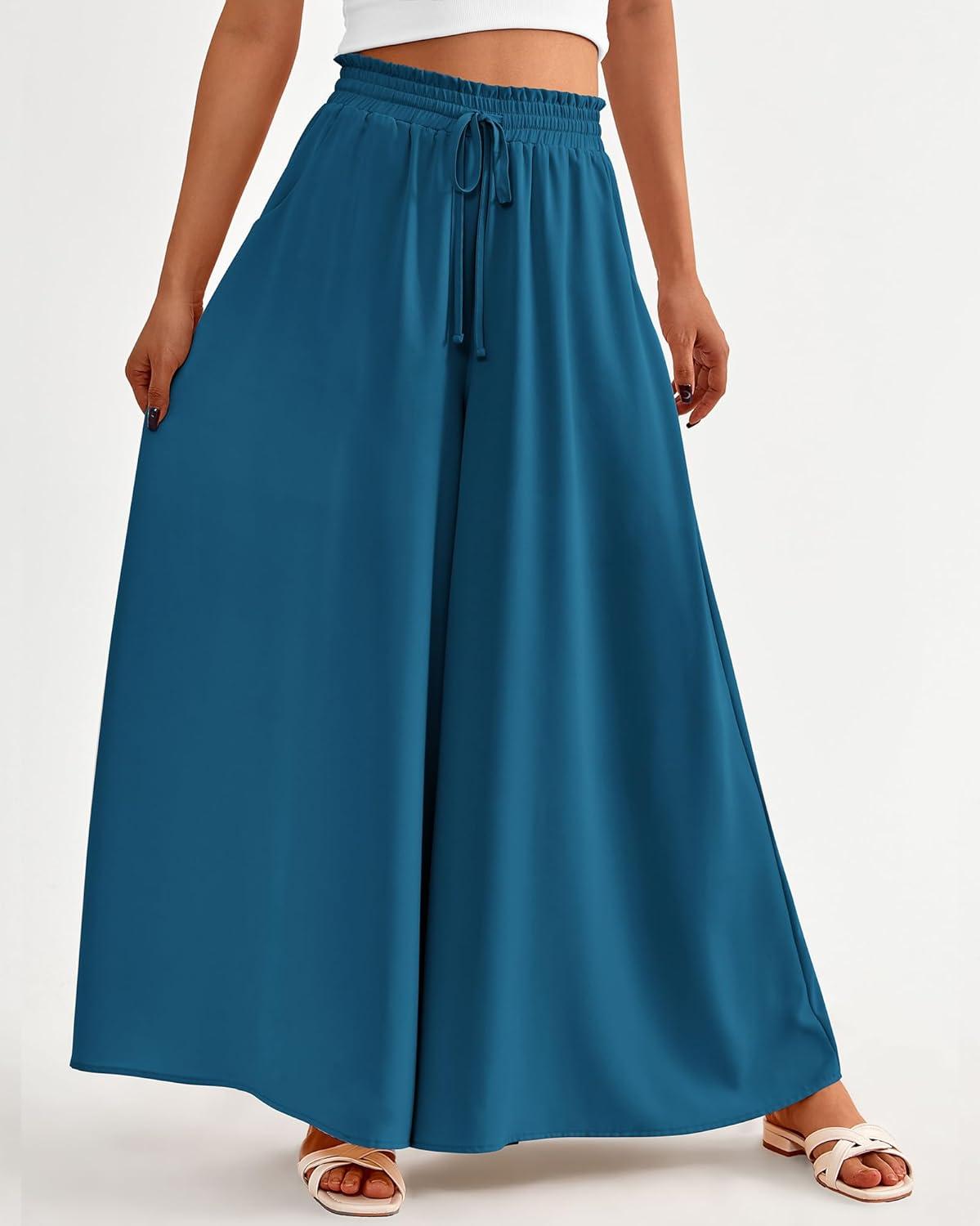 imageBTFBM Women Casual High Waist Wide Leg Pants 2025 Summer Fall Long Palazzo Pants Pocket Lounge Vacation Beach TrousersSolid Lake Blue
