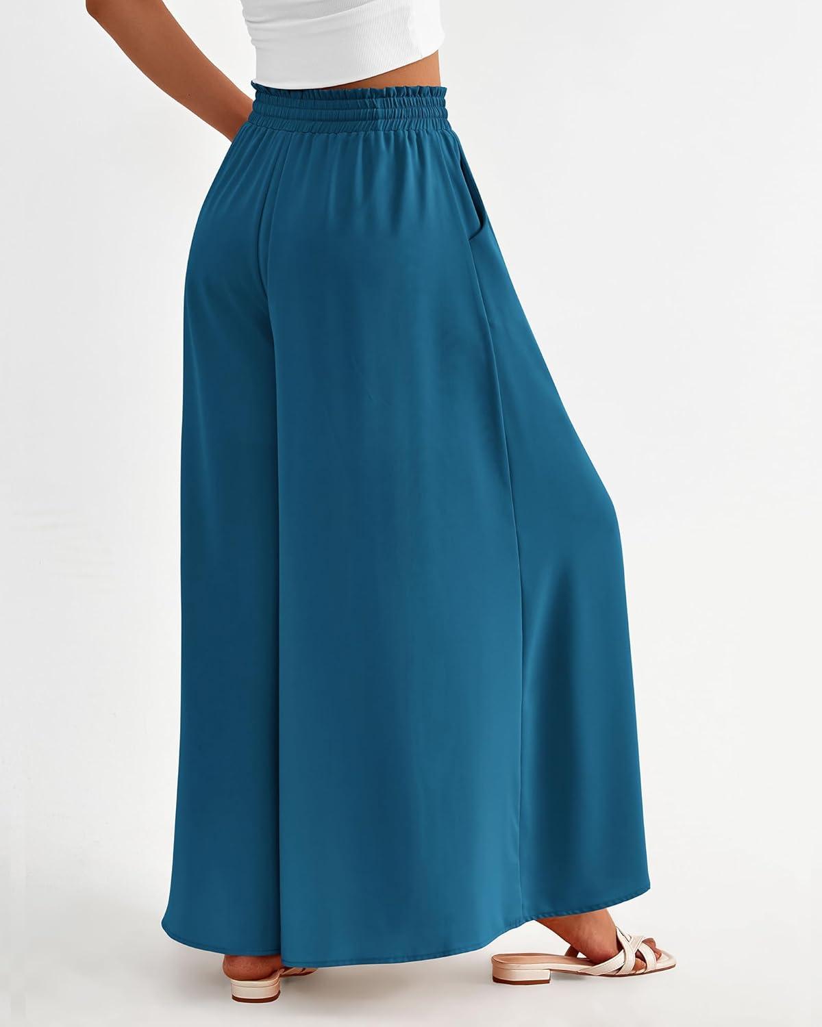 imageBTFBM Women Casual High Waist Wide Leg Pants 2025 Summer Fall Long Palazzo Pants Pocket Lounge Vacation Beach TrousersSolid Lake Blue
