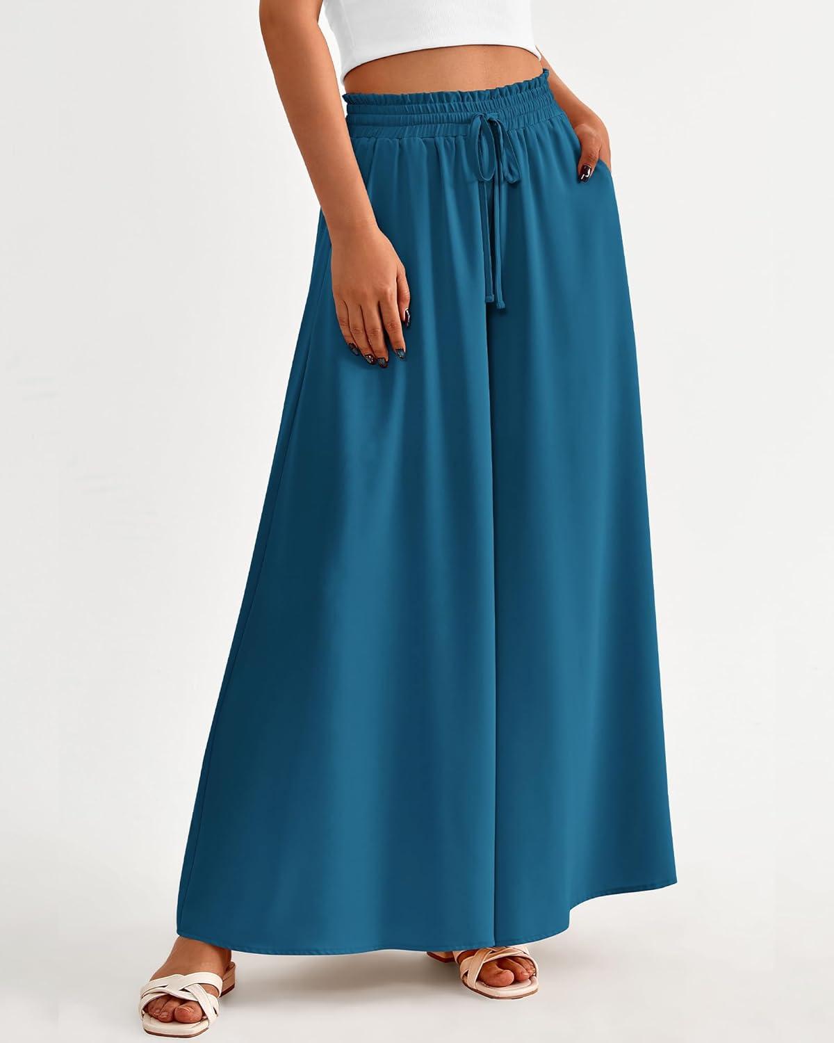imageBTFBM Women Casual High Waist Wide Leg Pants 2025 Summer Fall Long Palazzo Pants Pocket Lounge Vacation Beach TrousersSolid Lake Blue