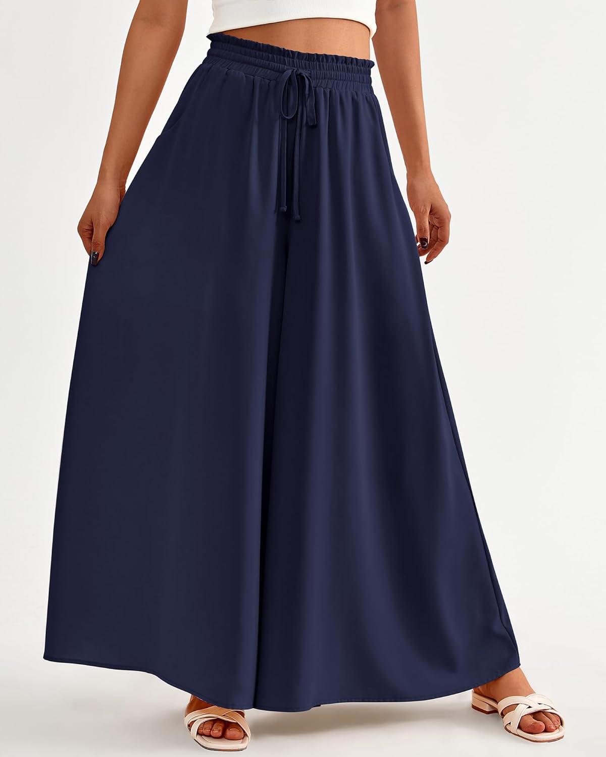 imageBTFBM Women Casual High Waist Wide Leg Pants 2025 Summer Fall Long Palazzo Pants Pocket Lounge Vacation Beach TrousersSolid Navy