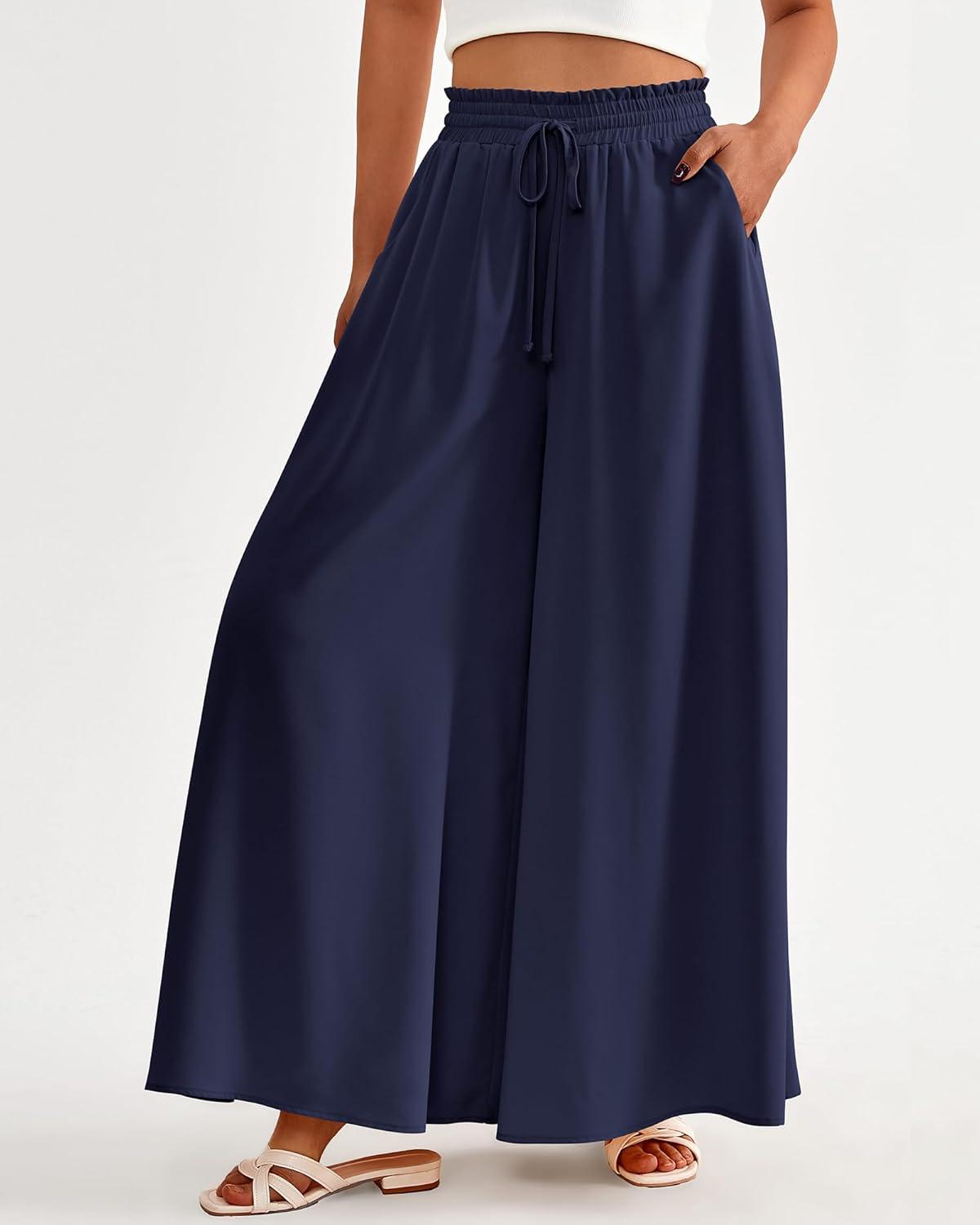 imageBTFBM Women Casual High Waist Wide Leg Pants 2025 Summer Fall Long Palazzo Pants Pocket Lounge Vacation Beach TrousersSolid Navy