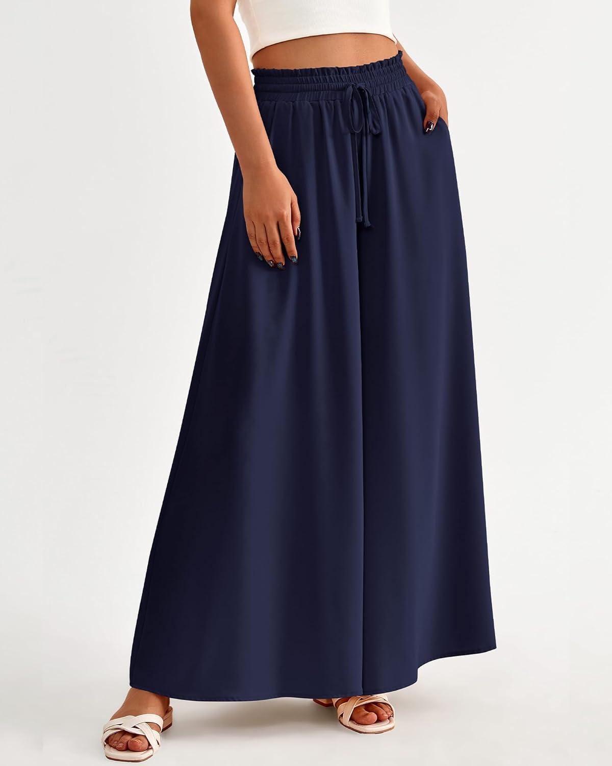 imageBTFBM Women Casual High Waist Wide Leg Pants 2025 Summer Fall Long Palazzo Pants Pocket Lounge Vacation Beach TrousersSolid Navy